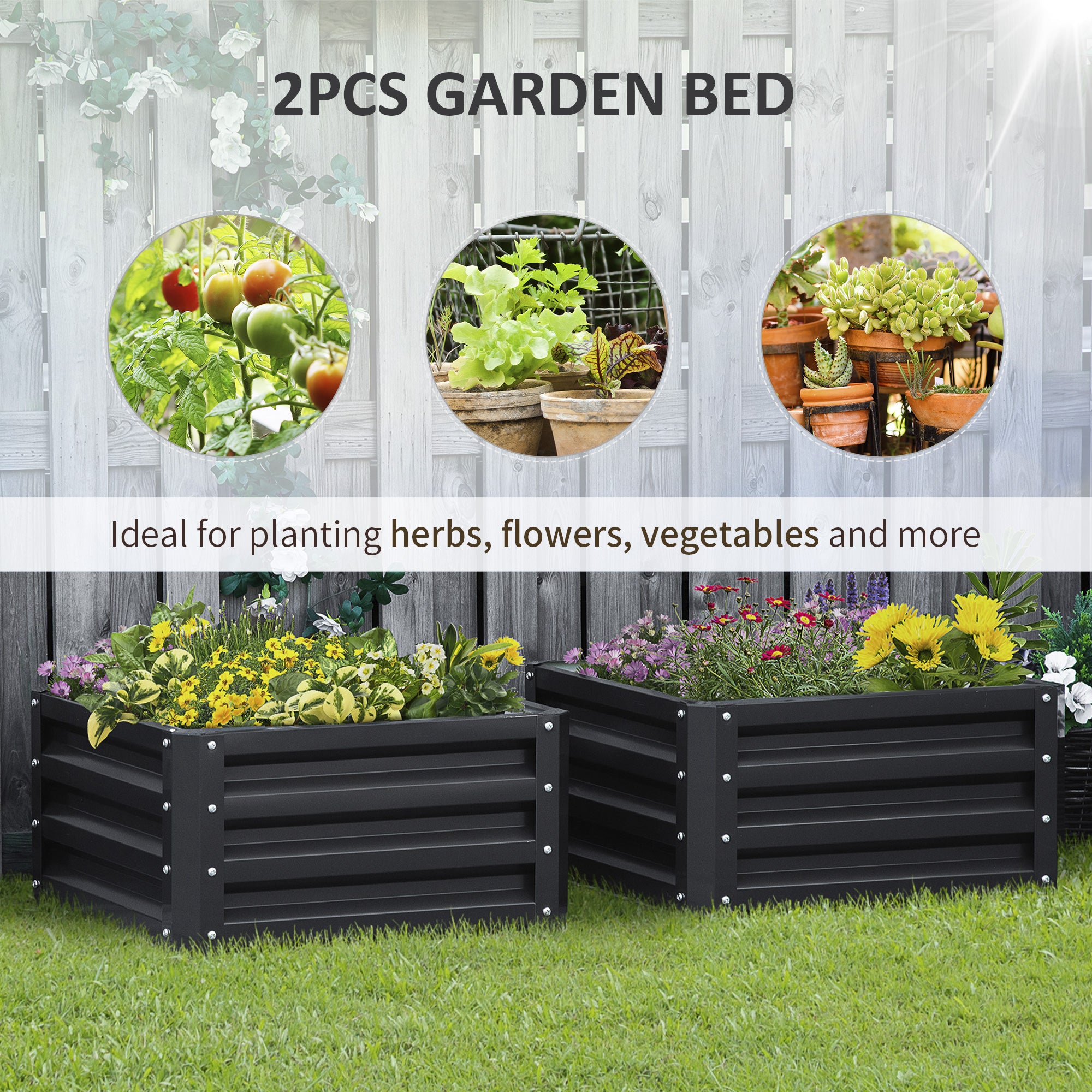 Outsunny Set of 2 Raised Garden Bed, Outdoor Elevated Galvanised Planter Box for Flowers, Herbs, 60x60x30.5cm, Grey