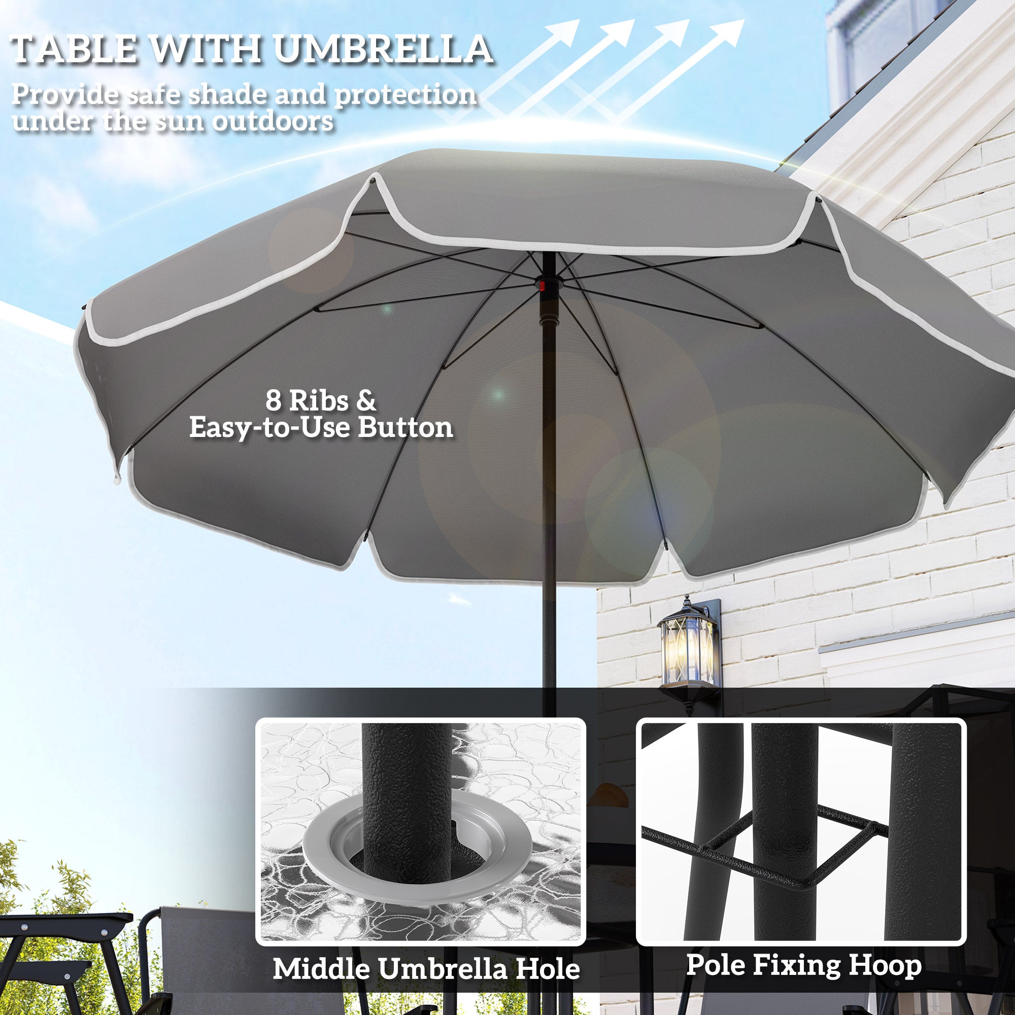 Outsunny 4 Seater Garden Furniture Set, 6 Pieces Garden Table and Chairs with Parasol, Outdoor Garden Dining Set with Folding Chairs and Round Glass Top Table for Patio, Grey - North Peak Garden Furniture