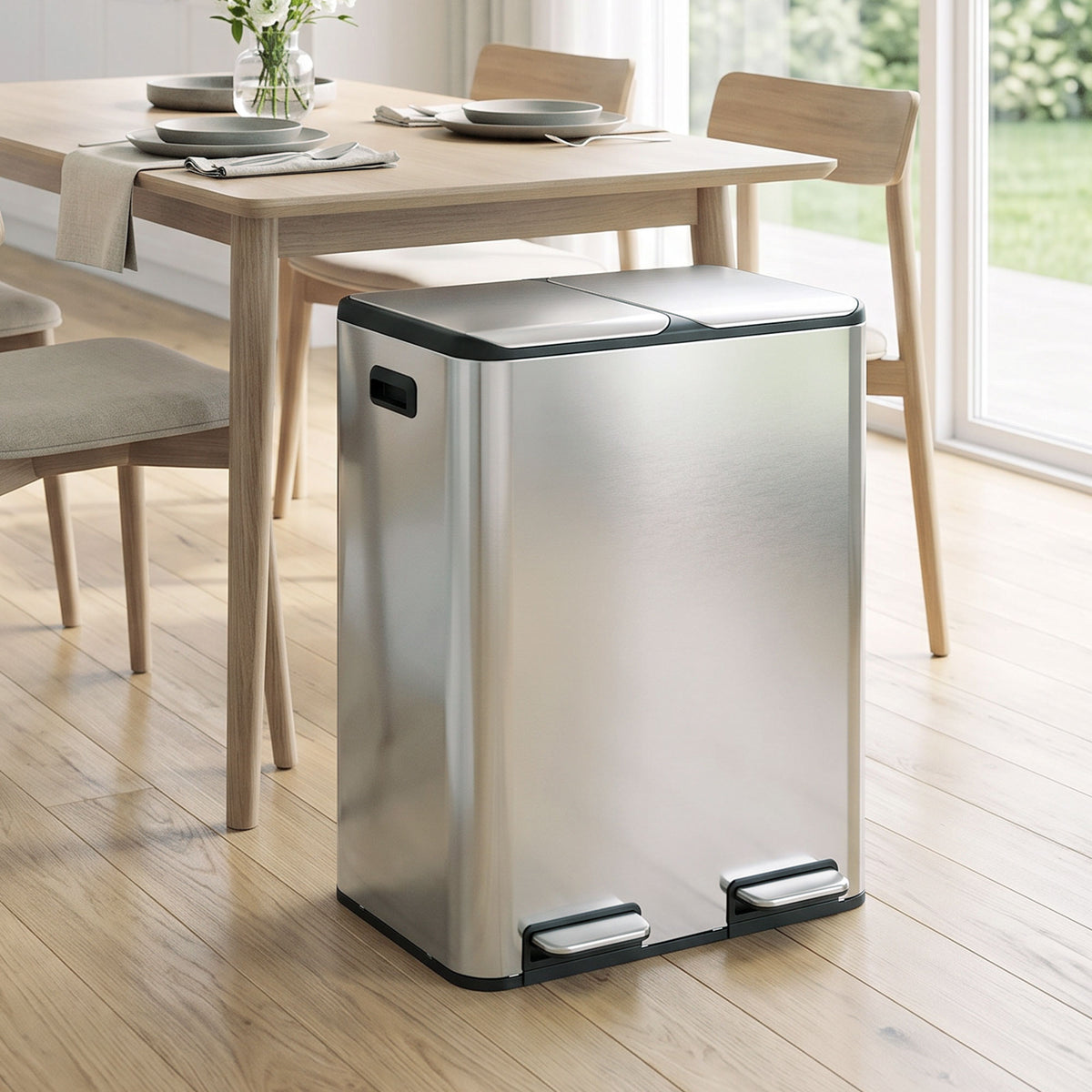 HOMCOM 2 x 30L Double Kitchen Bin, Stainless Steel Pedal Rubbish Bin with Dual Compartments, Soft Close Lids, Silver Tone