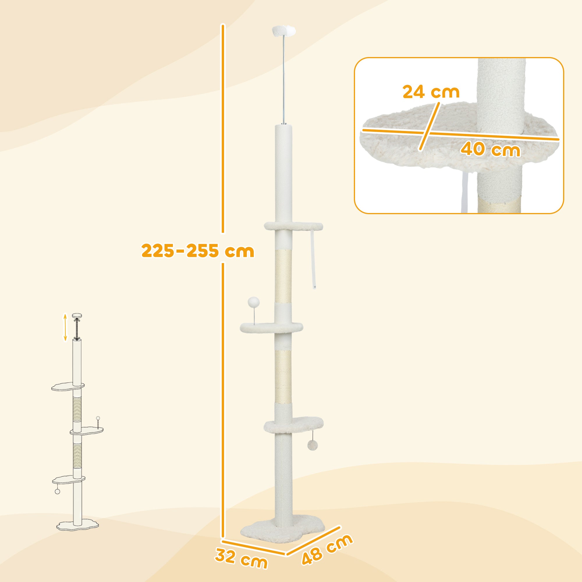 PawHut 225-255 cm Adjustable Cat Climbing Tower with Sisal Scratching Posts, 2 Hanging Play Balls and Anti-Tip Strap, Beige