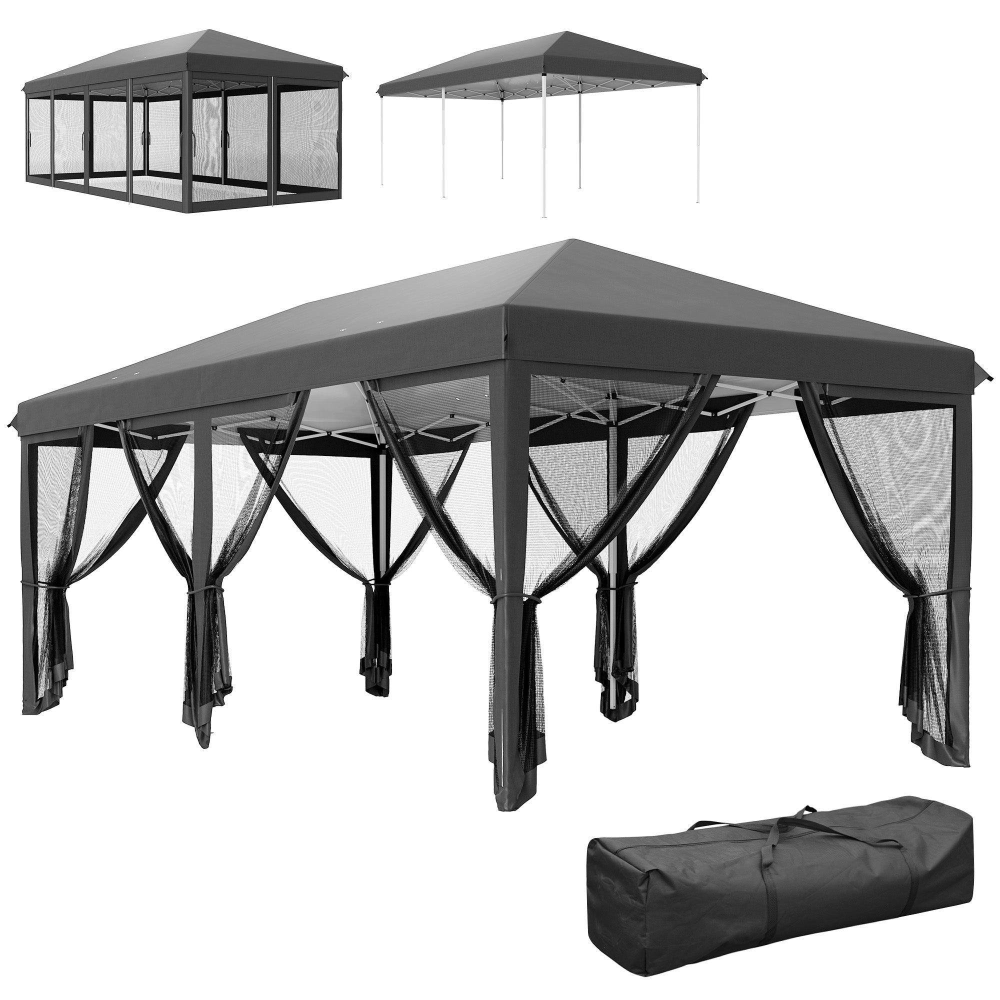 Outsunny 3 x 6m Pop Up Gazebo, Outdoor Canopy Shelter, Marquee Party Wedding Tent with 6 Mesh Walls and Carry Bag, Black - North Peak Garden Furniture