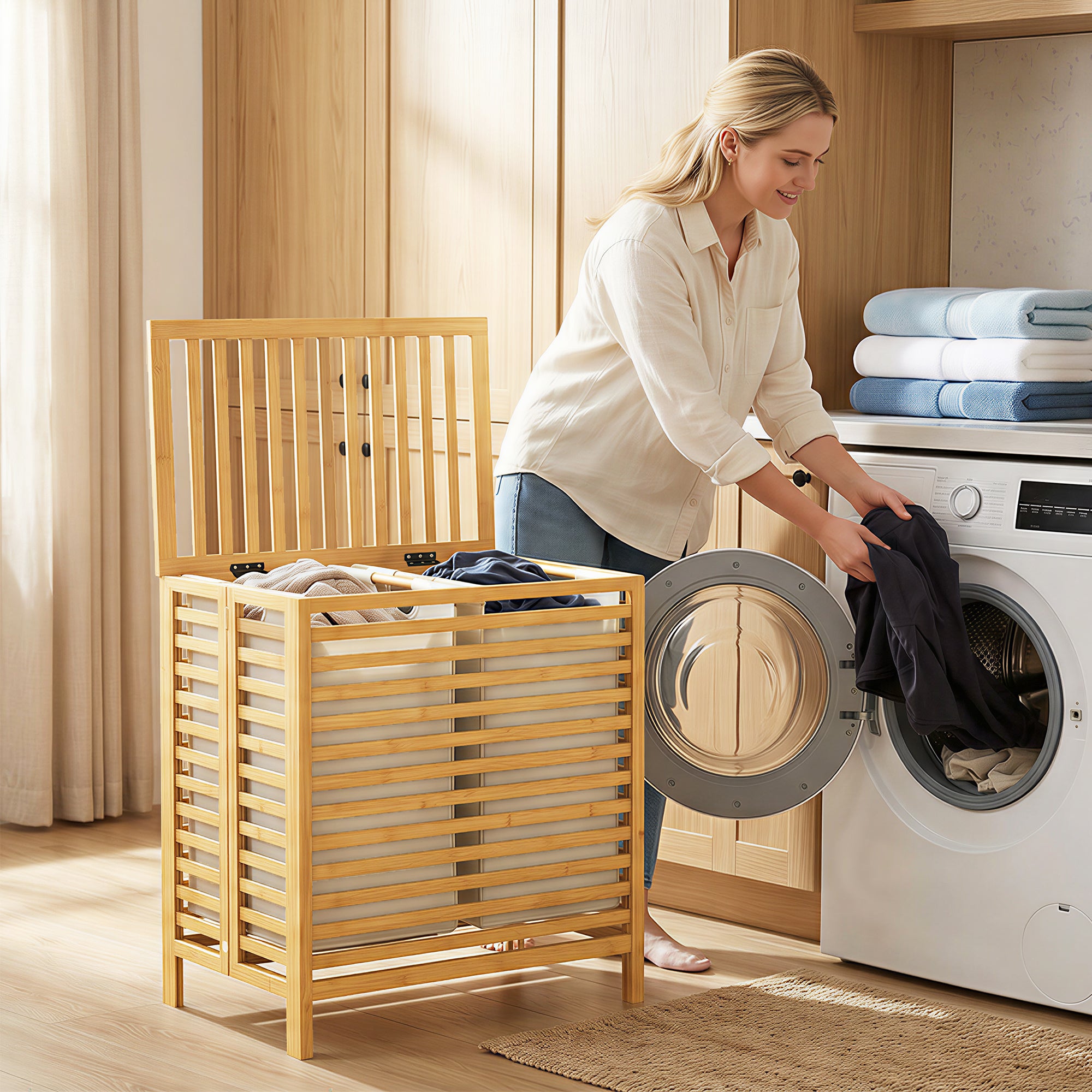 HOMCOM Bamboo Laundry Basket with Lid, 2 Baskets, Foldable, 64L, Natural and Cream White