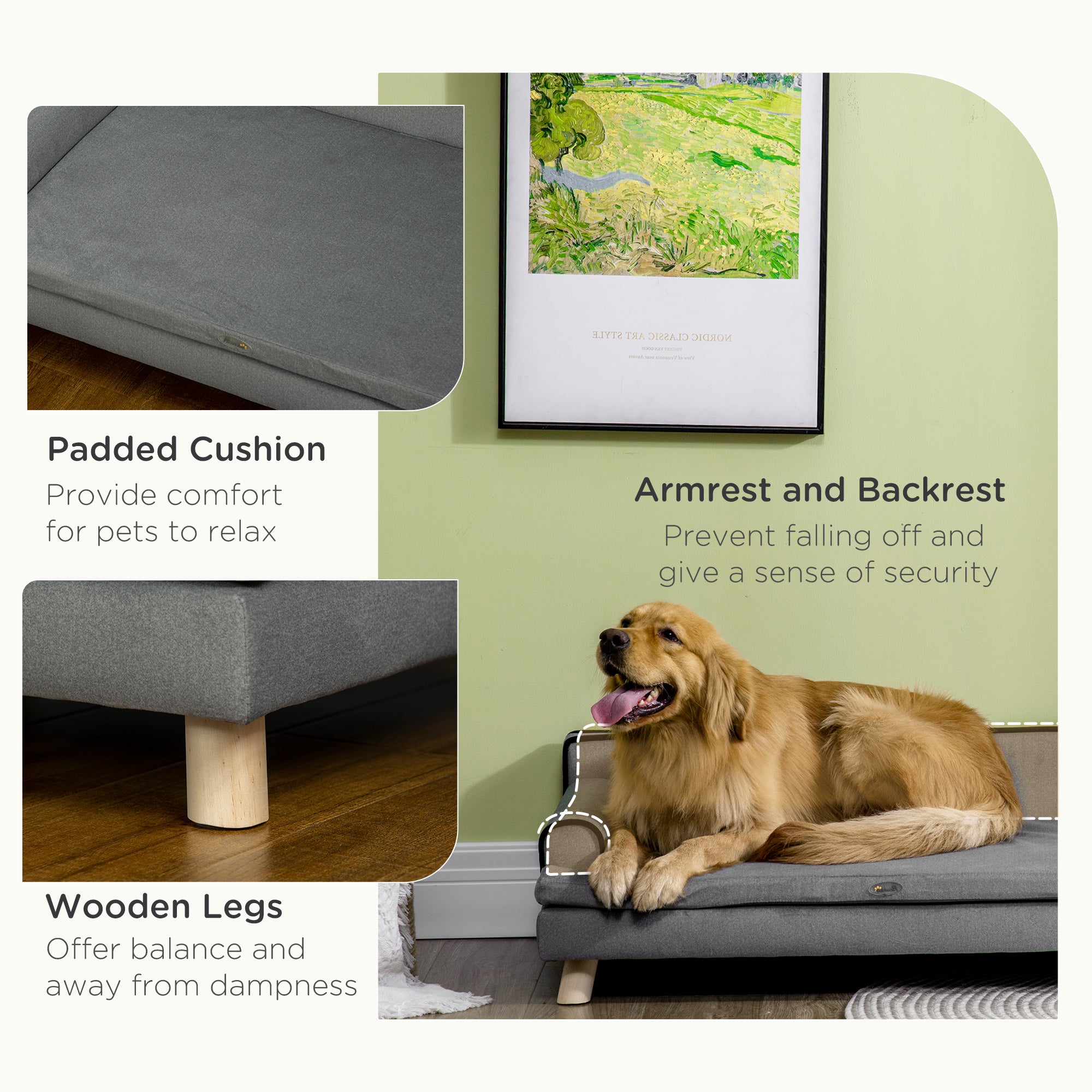 PawHut Dog Sofa, with Wooden Legs, Water-Resistant Fabric, for Medium & Large Dogs - Grey - North Peak Garden Furniture