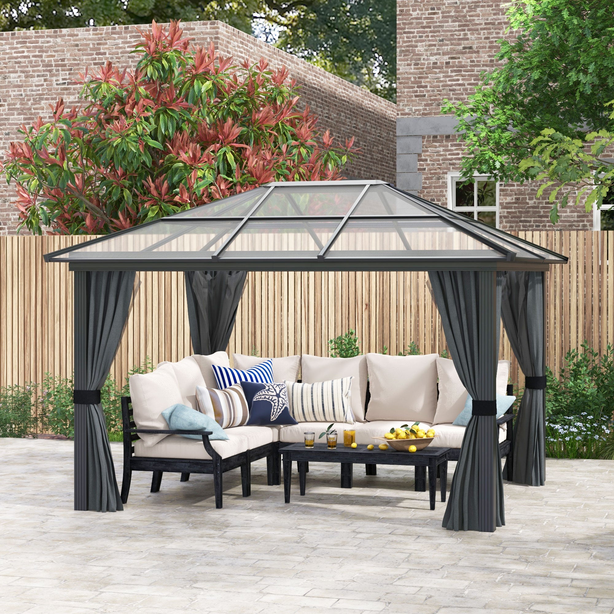 Outsunny 3 x 3.6m Hardtop Gazebo Canopy with Polycarbonate Roof, Aluminium Frame, Permanent Pavilion Garden Gazebo with Netting and Curtains for Patio, Deck, Dark Grey