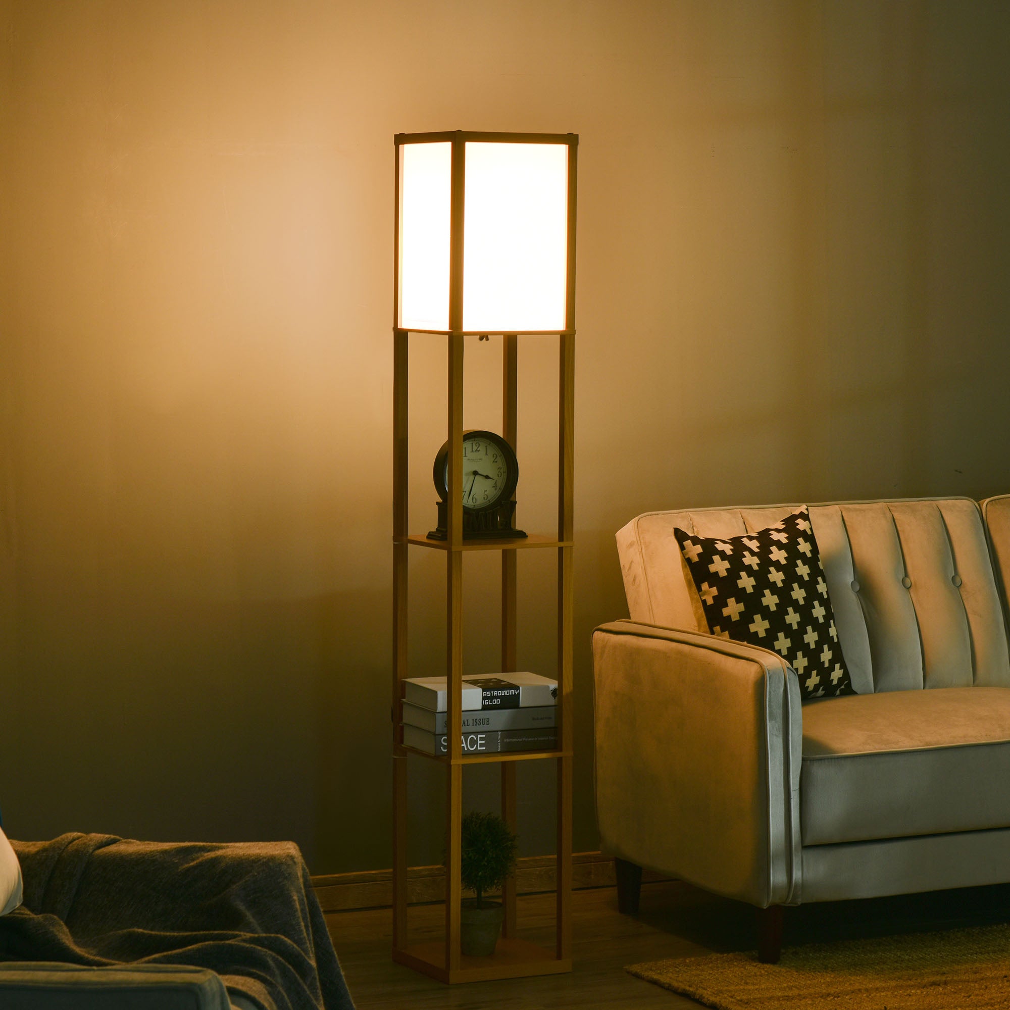 HOMCOM 3-Tier Floor Lamp, Floor Light with Storage Shelf, Reading Standing Lamp for Living Room, Bedroom, Kitchen, Dining Room, Office, Dorm, 160cm, Natural - North Peak Garden Furniture