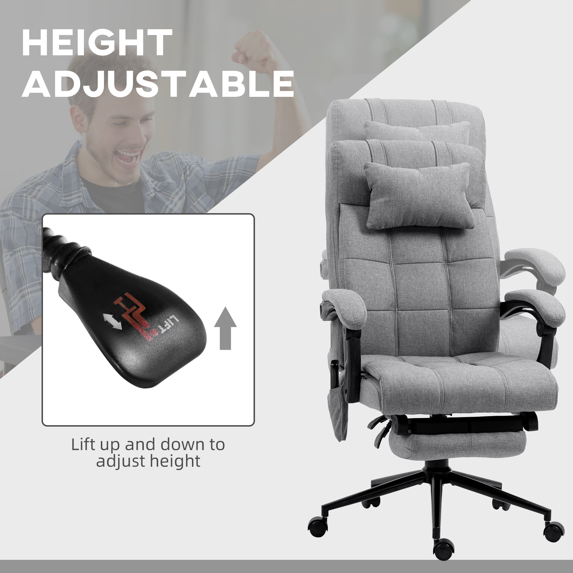Vinsetto Office Chair, 6 Point Massage Desk Chair, Computer Chair with Footrest & Head Pillow, 360° Swivel Recliner Chair for Home Office, Grey - North Peak Garden Furniture