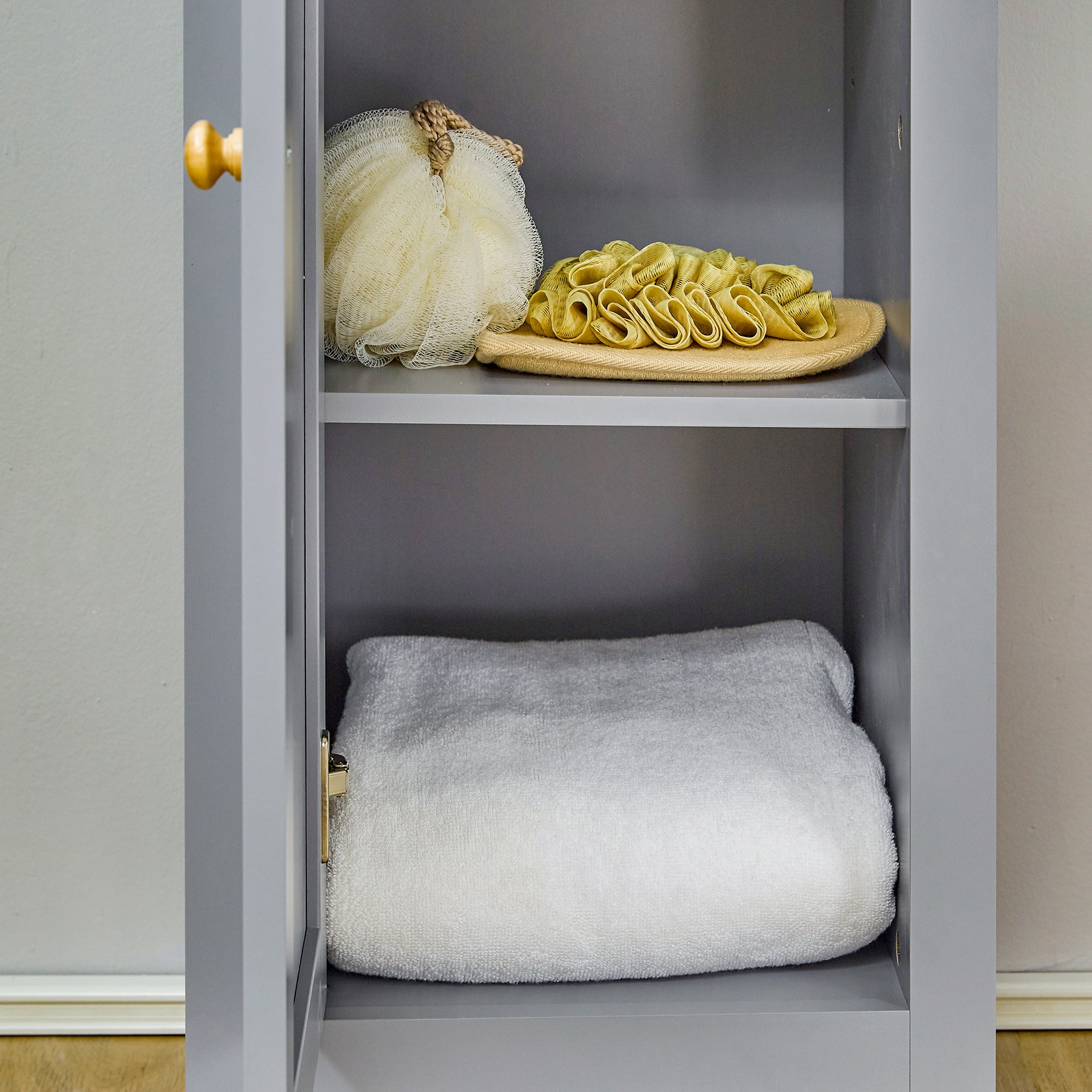 kleankin Bathroom Floor Storage Cabinet with 3 Tier Shelf and Cupboard with Door, Free Standing Linen Tower, Tall Slim Side Organizer Shelves, Grey - North Peak Garden Furniture