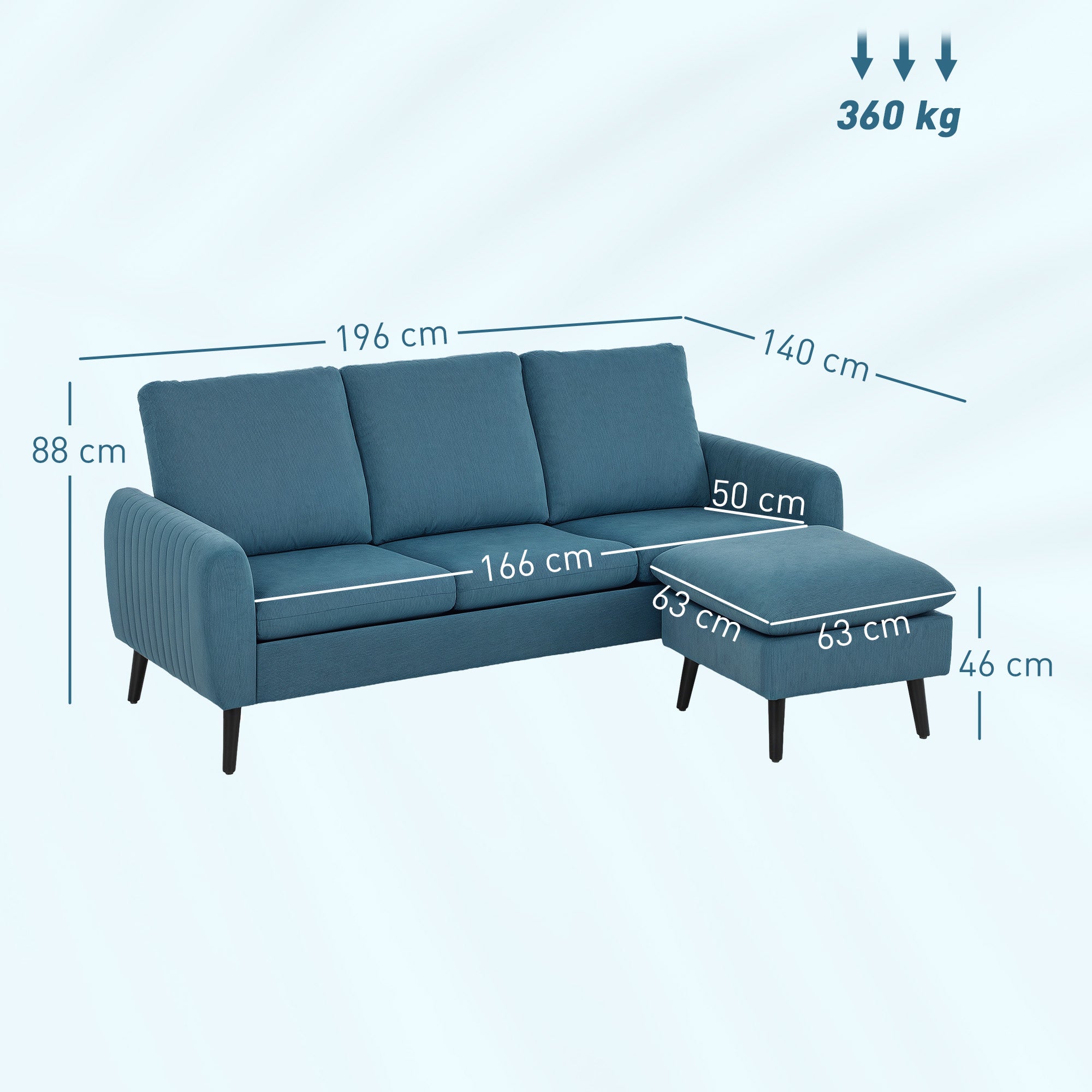 HOMCOM Corner Sofa with Reversible Chaise Lounge, Corduroy Fabric 3 Seater Sofa Settee for Living Room, L Shaped Couch with Scatter Back, Left/Right Hand, Blue - North Peak Garden Furniture