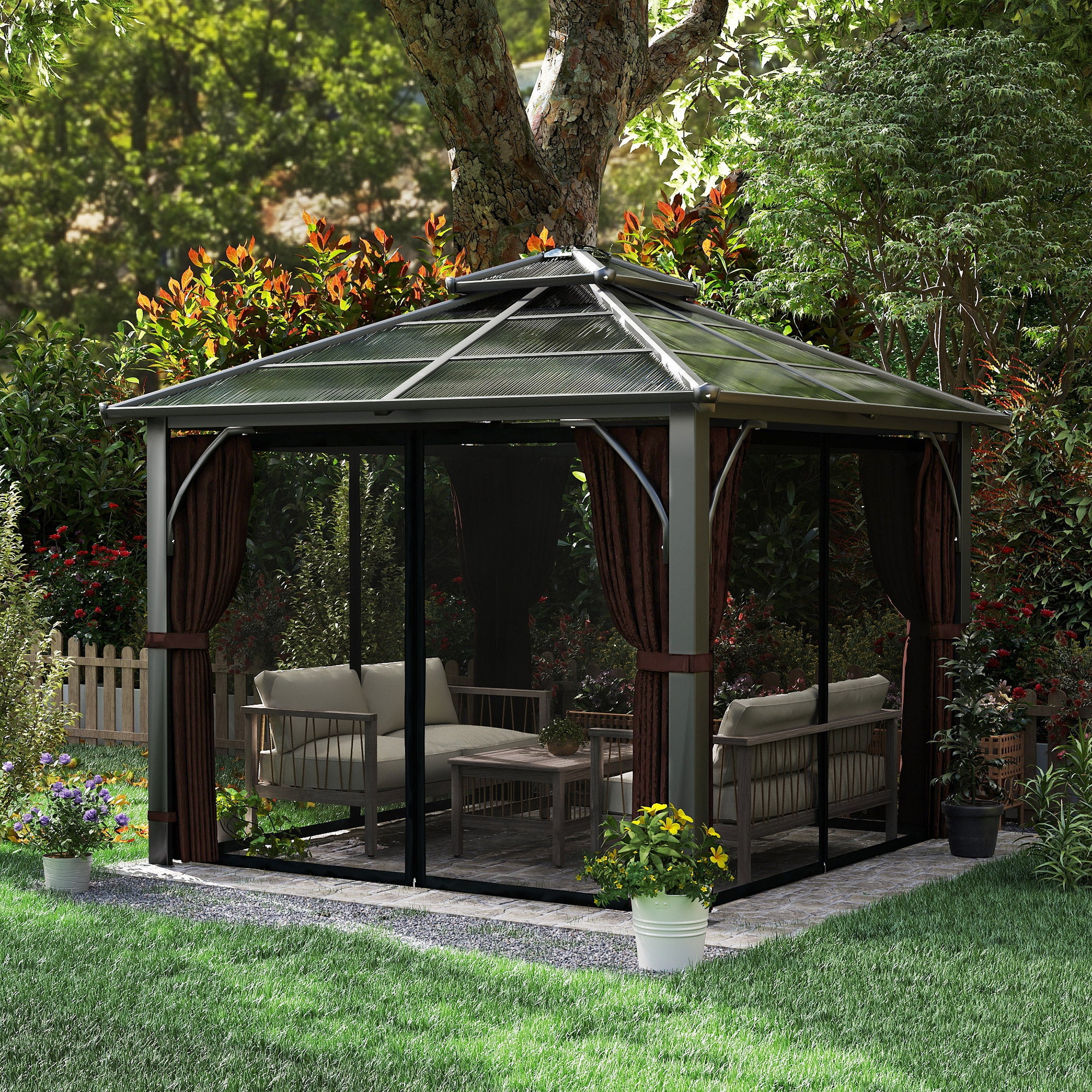 Outsunny 3 x 3(m) Hardtop Gazebo Canopy with 7mm Polycarbonate Double-Tier Roof, Garden Gazebo Permanent Pavilion with Mosquito Netting and Curtains for Patio, Deck, Brown