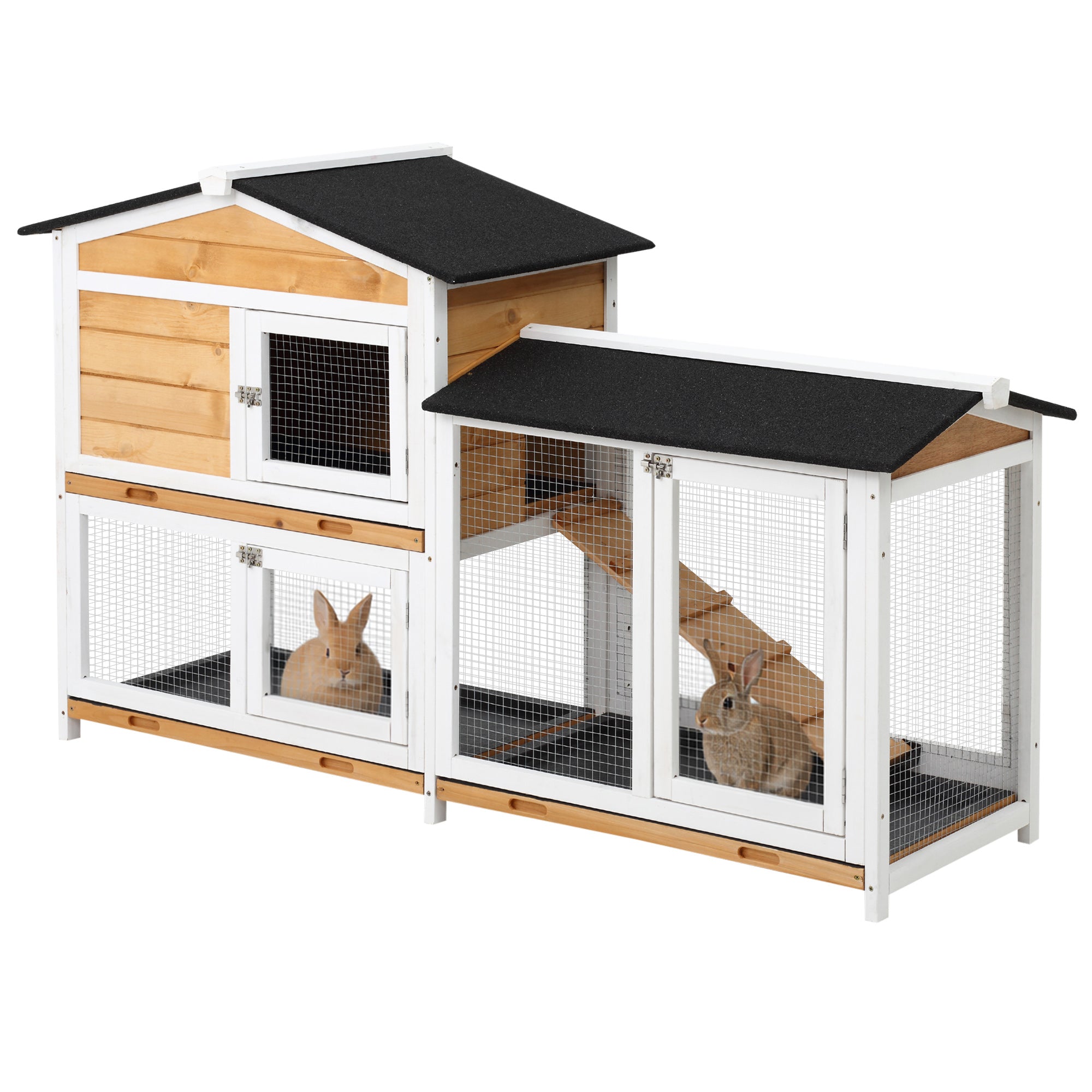 PawHut Rabbit Hutch Guinea Pig Hutch Wooden House with Run, 2 Tier Pet Cage Outdoor with No-leak Plastic Trays, 157.4 x 53 x 93.5cm, Yellow