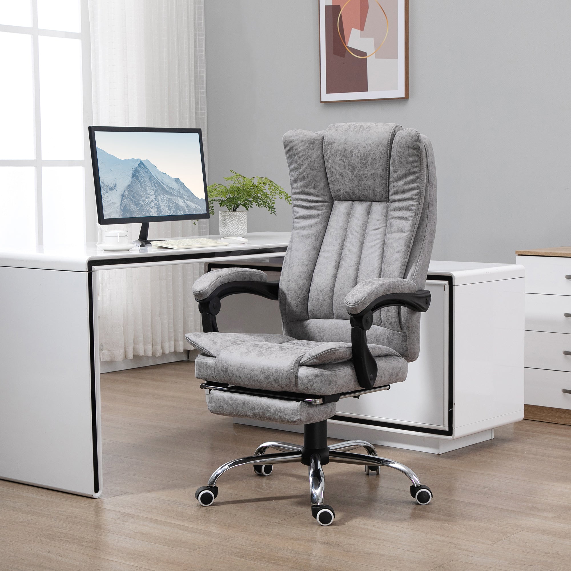 Vinsetto Office Chair with Massage and Heat, Microfibre Reclining Computer Desk Chair with Footrest and Adjustable Height, Swivel Wheels for Home Office, Grey - North Peak Garden Furniture