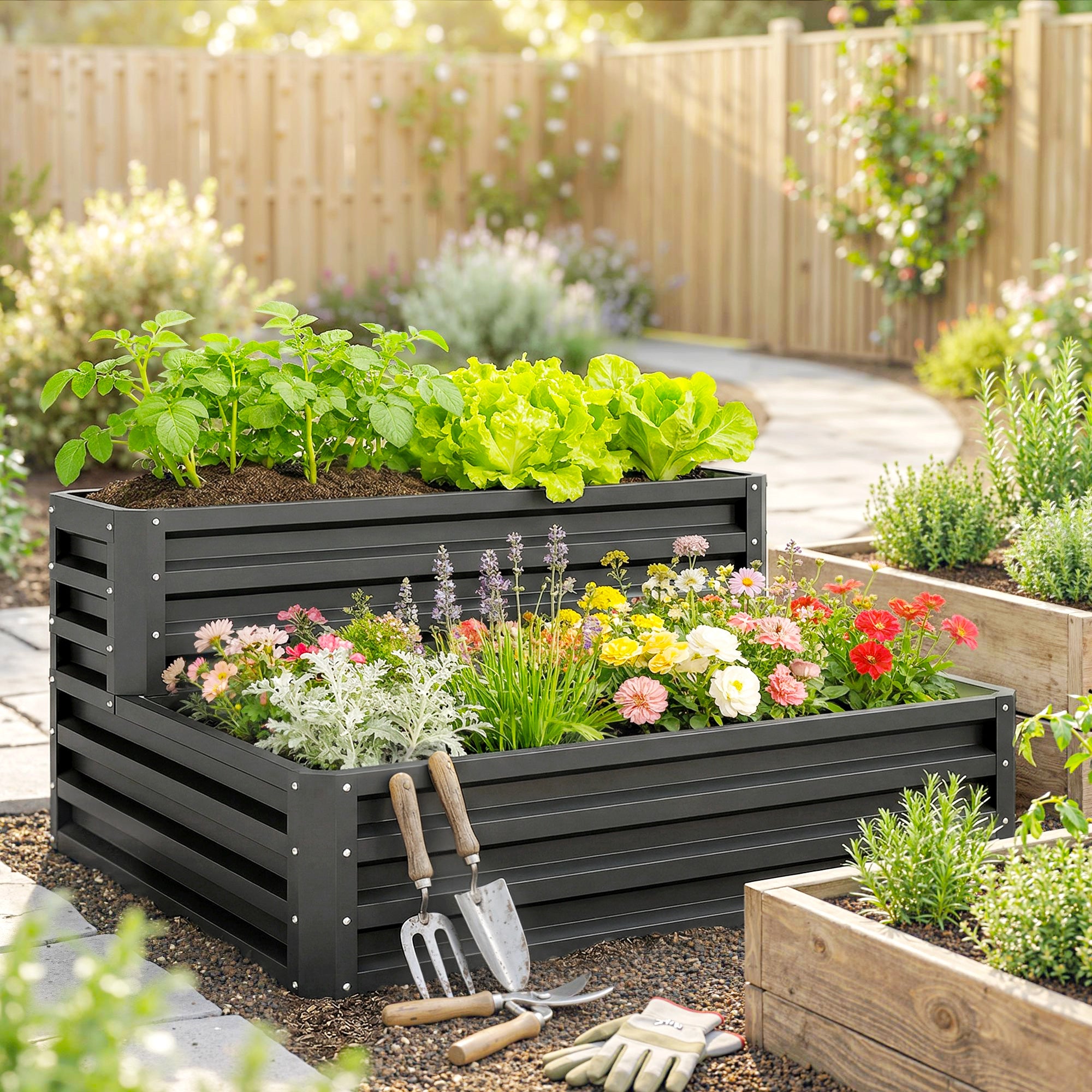Outsunny 2 Tier Raised Garden Bed, Galvanised Planter Box with Open Bottom for Vegetables Flowers Herbs, 120x101x58cm, Dark Grey
