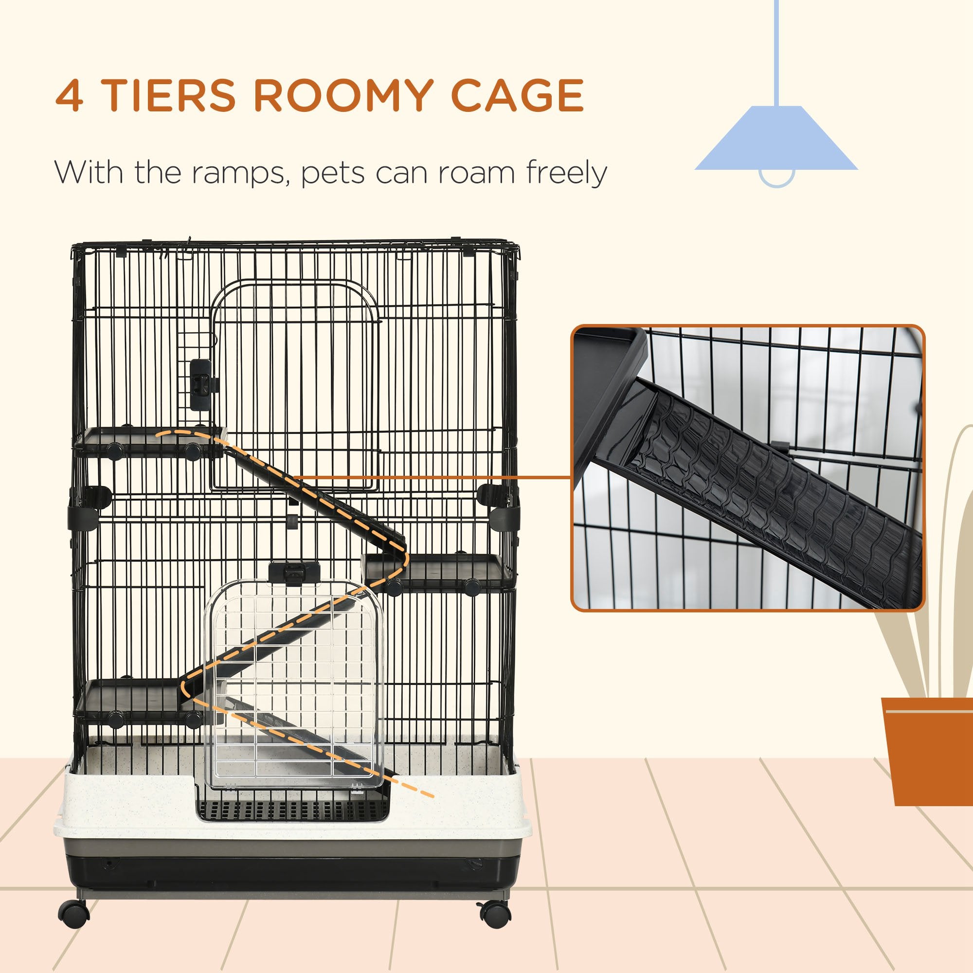 PawHut Four-Tier Small Animal Cage, for Bunnies, Ferrets, Chinchillas w/ Wheels, Tray - Black - North Peak Garden Furniture