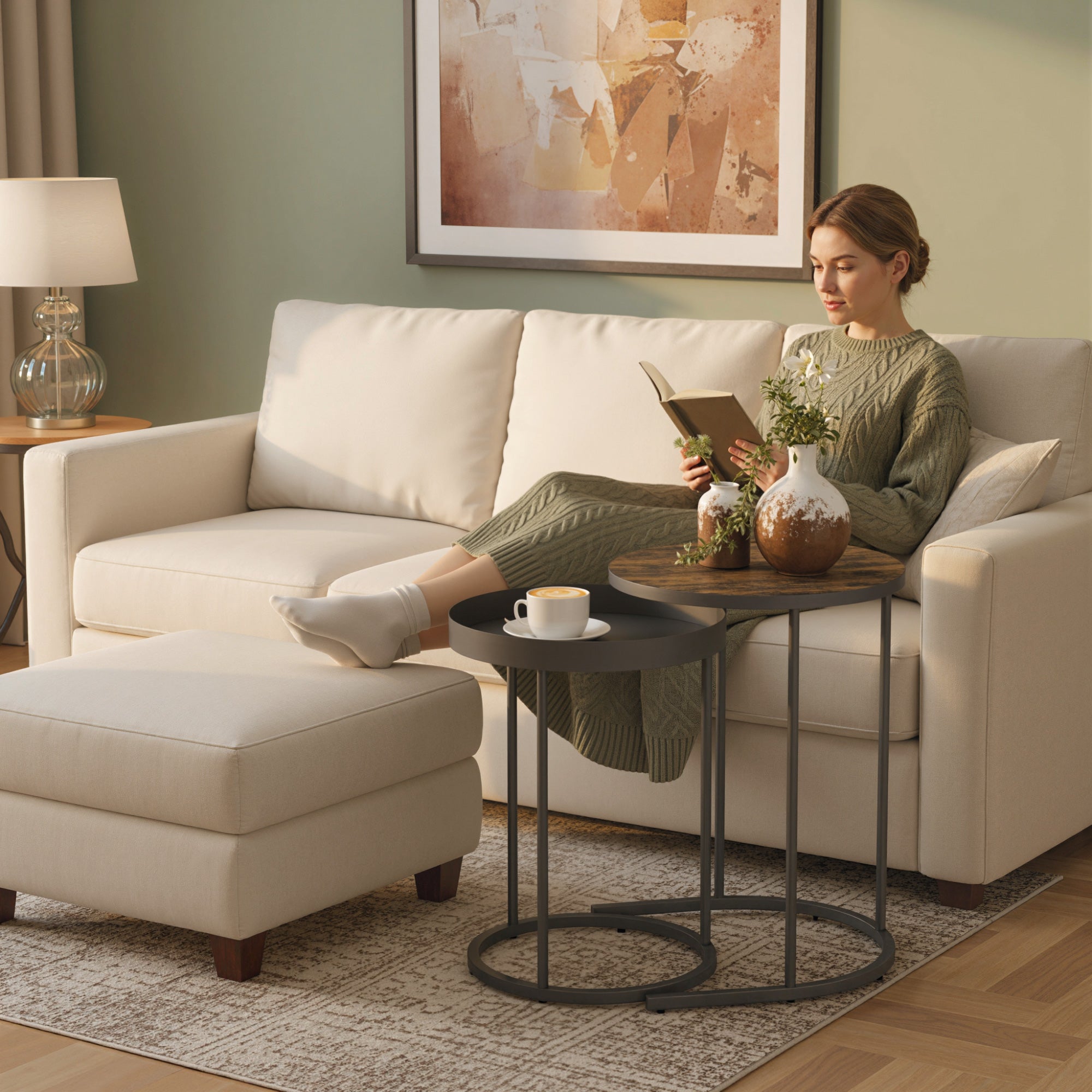 HOMCOM Round Nesting Side Table Set of 2 - Rustic Brown