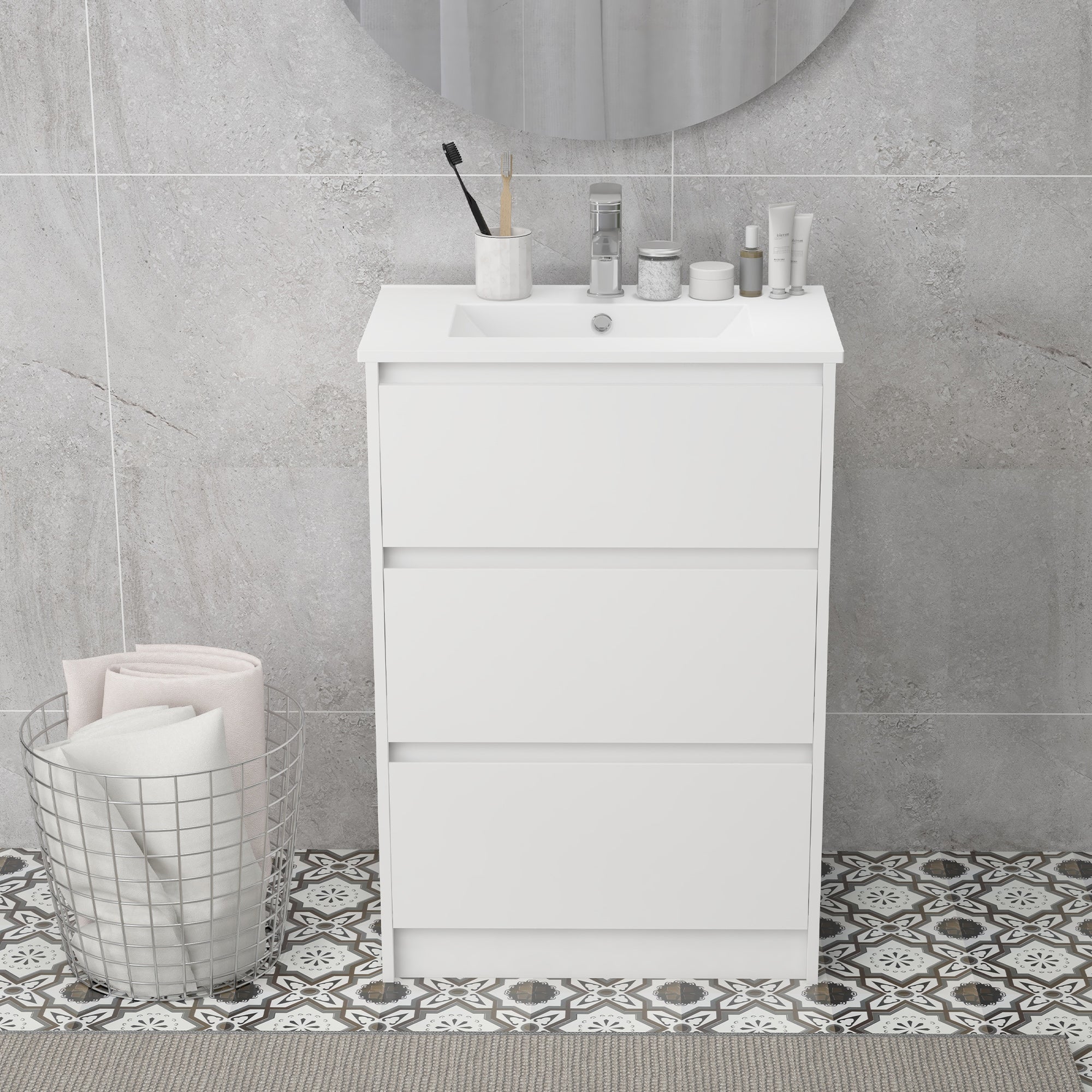 kleankin 600mm Bathroom Vanity Unit with Basin and Single Tap Hole, High Gloss White Floor Standing Bathroom Sink Unit with 2 Drawers - North Peak Garden Furniture