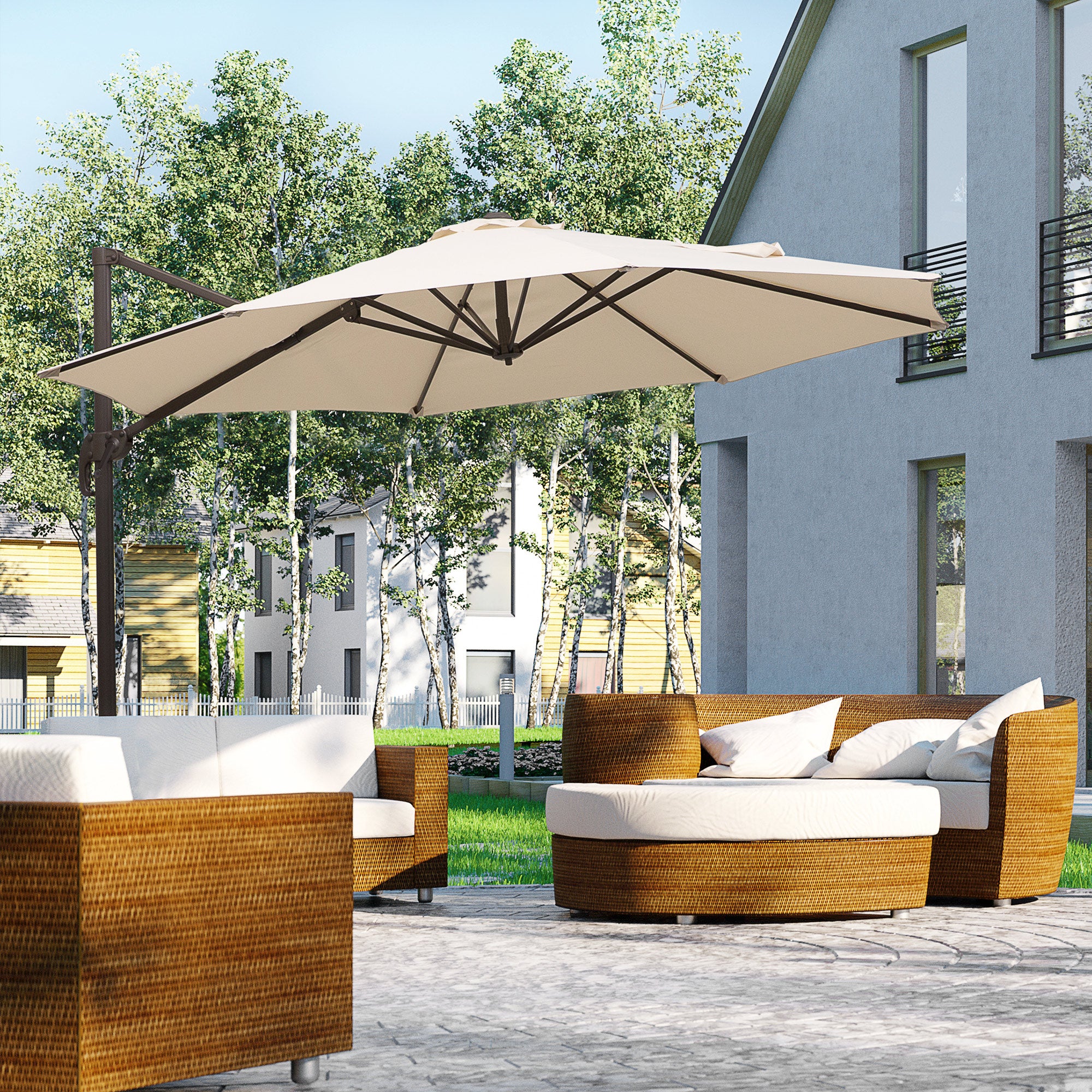 Outsunny Banana Parasol 3M Cantilever Umbrella with Cross Base, Aluminium Frame, 360° Rotation, Hand Crank, Beige