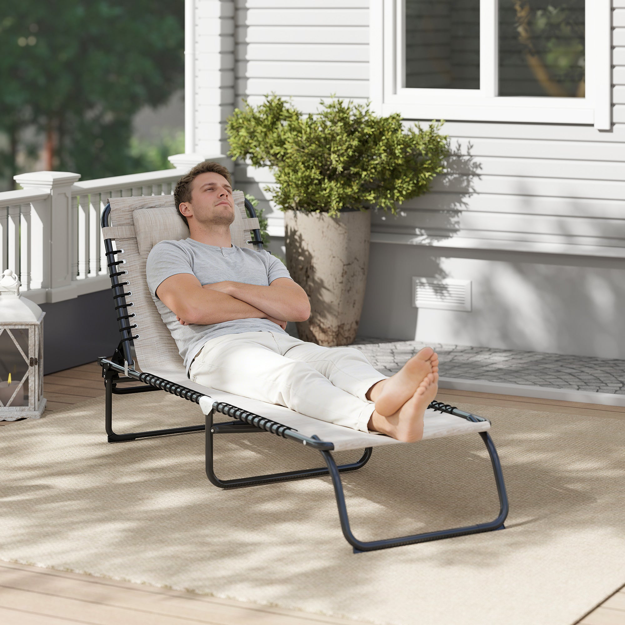 Outsunny Foldable Sun Lounger, Outdoor 4 Level Adjustable Backrest Reclining Chaise Chair, Steel Frame Recliner Chair for Camping, Hiking, Cream White
