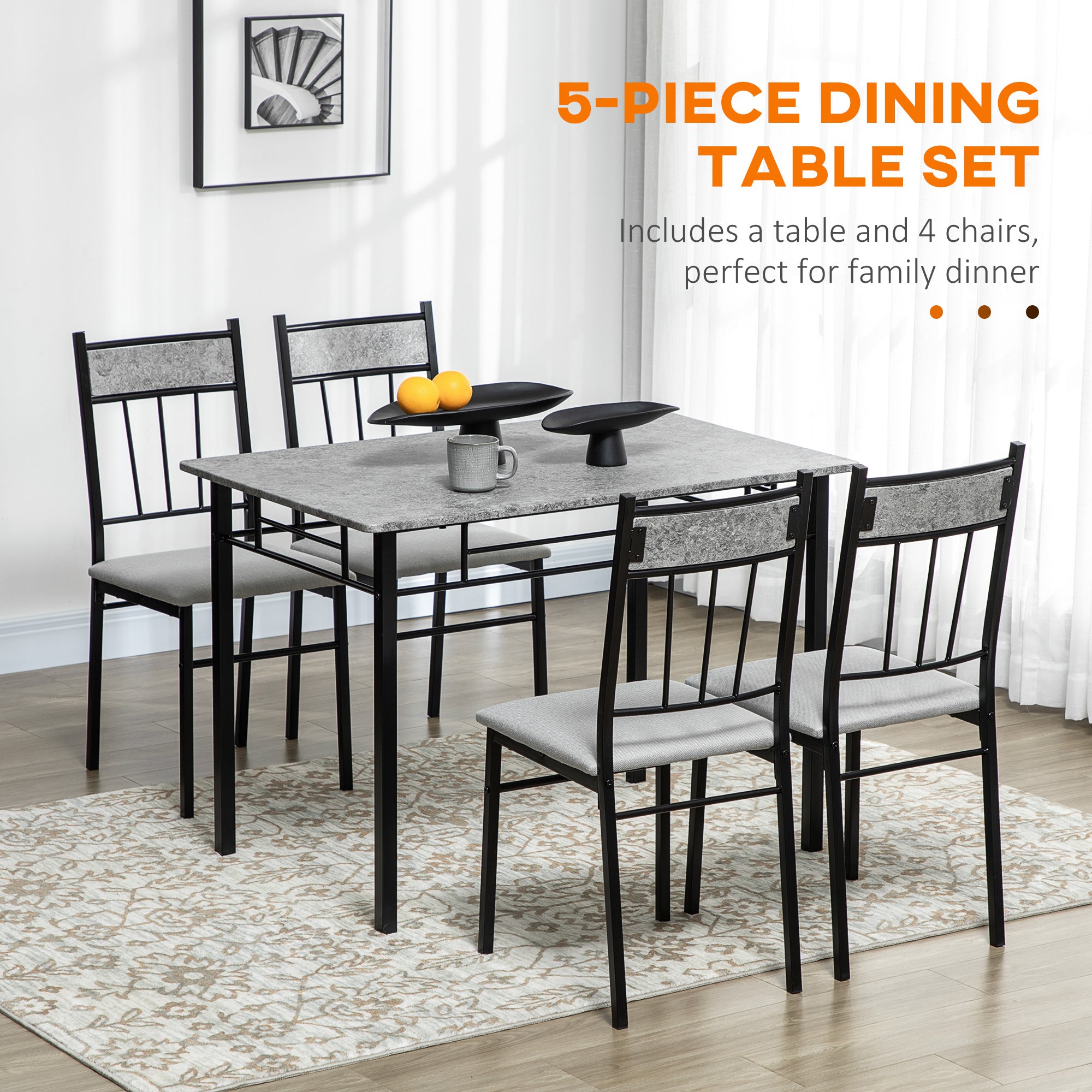 HOMCOM Five-Piece Marble Effect Dining Table Set - Grey/Black - North Peak Garden Furniture
