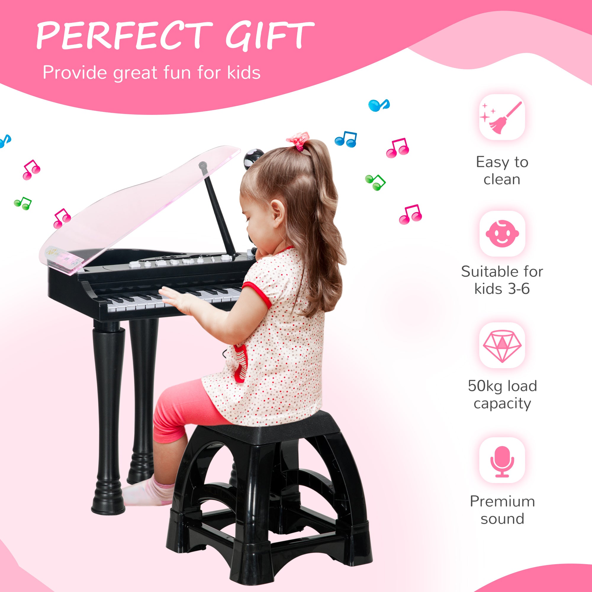 AIYAPLAY 32-Key Kids Piano Keyboard, with Stool, Lights, Microphone, Sounds, Removable Legs - Black - North Peak Garden Furniture