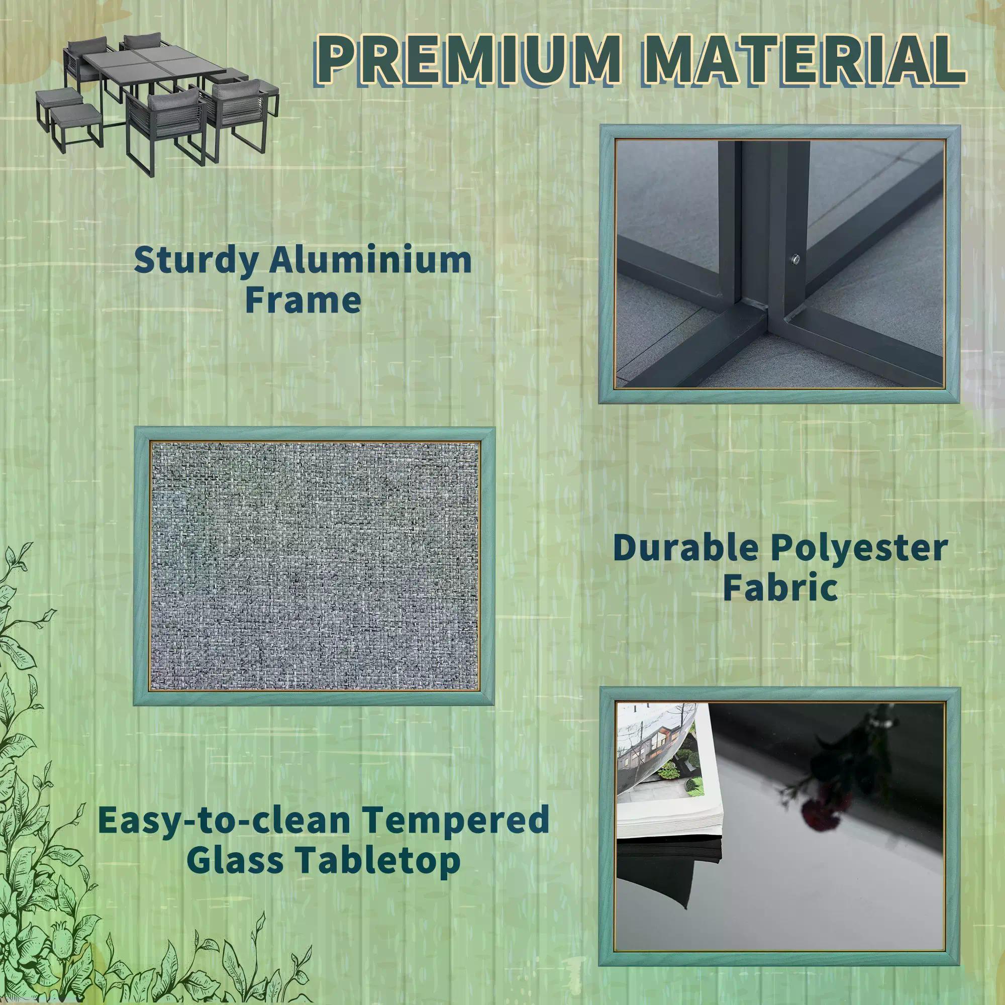 Outsunny Nine-Piece Aluminium Garden Set, with Glass-Top Table - Grey - North Peak Garden Furniture