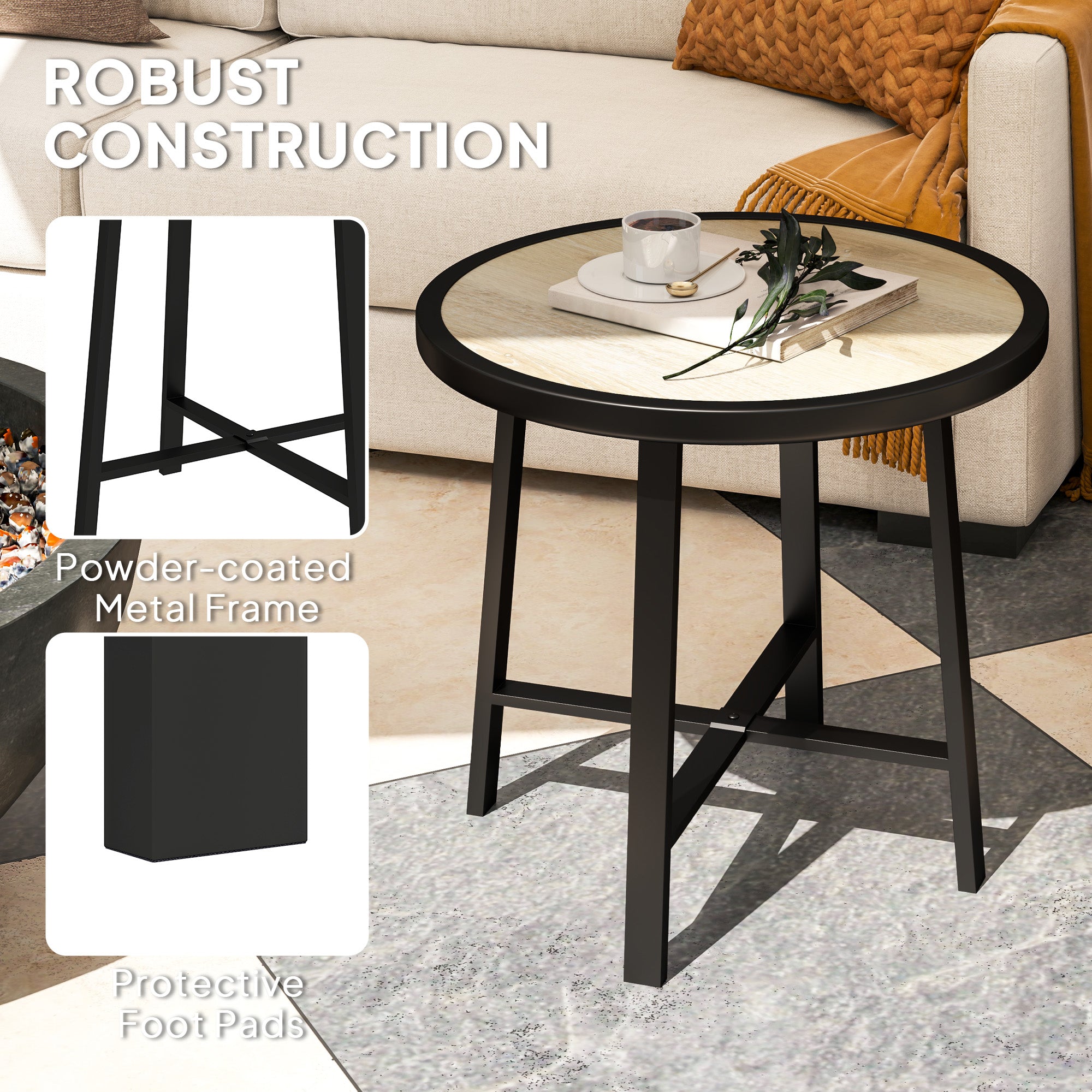 Outsunny Round Small Garden Table, 50.5cm Outdoor Side Table with SPC Tabletop, Metal Frame and Anti-slip Foot Pads for Garden, Balcony, Nature Wood Finish - North Peak Garden Furniture