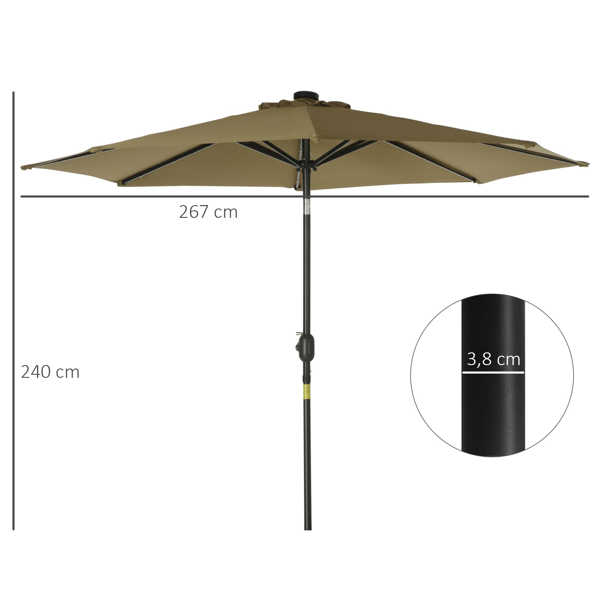 Outsunny 24 LED Solar Powered Parasol Umbrella-Brown