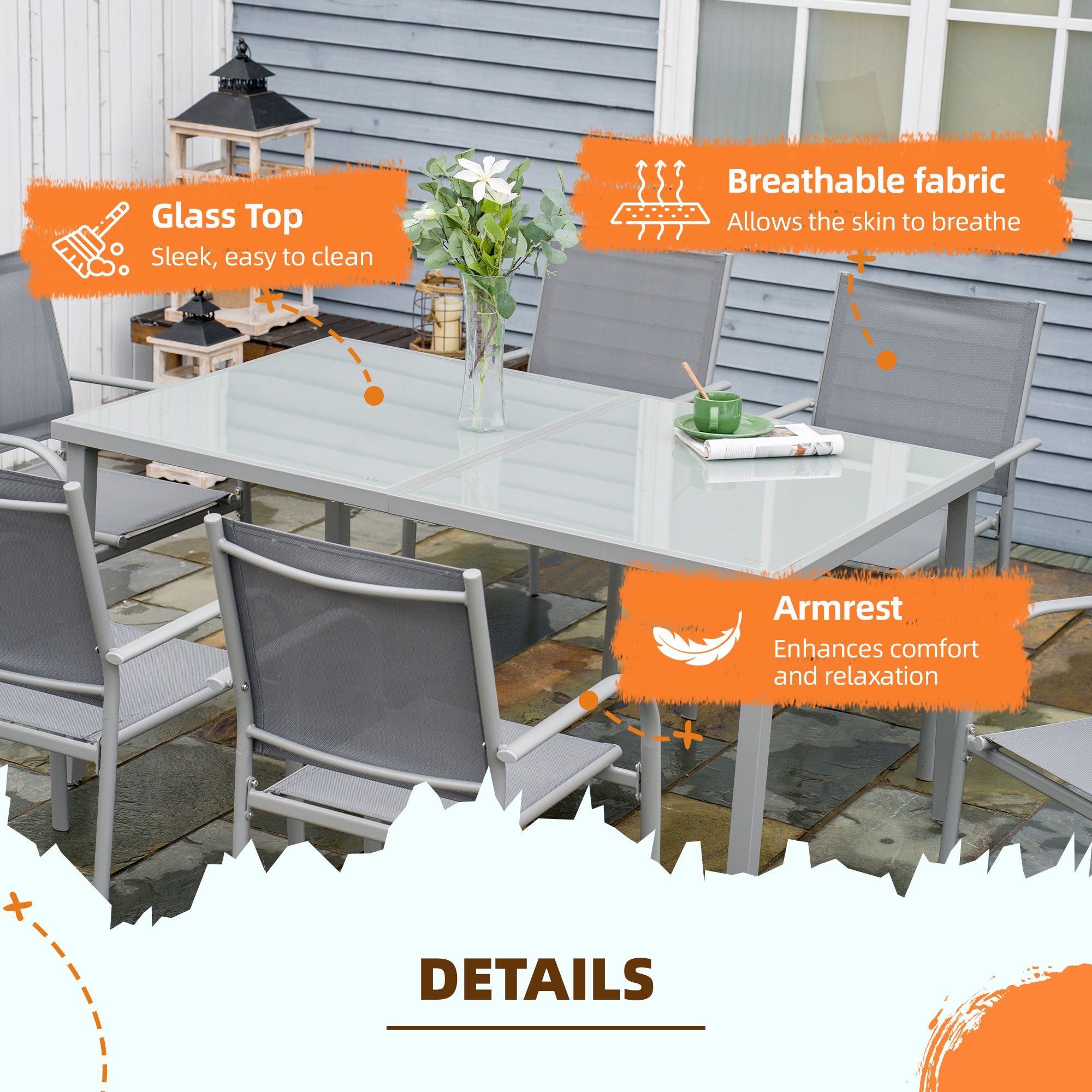 Outsunny 7 Piece Garden Dining Set, Outdoor Table and 6 Stackable Chairs, Steel Frame, Tempered Glass Top Table, Mesh Seats, Grey - North Peak Garden Furniture