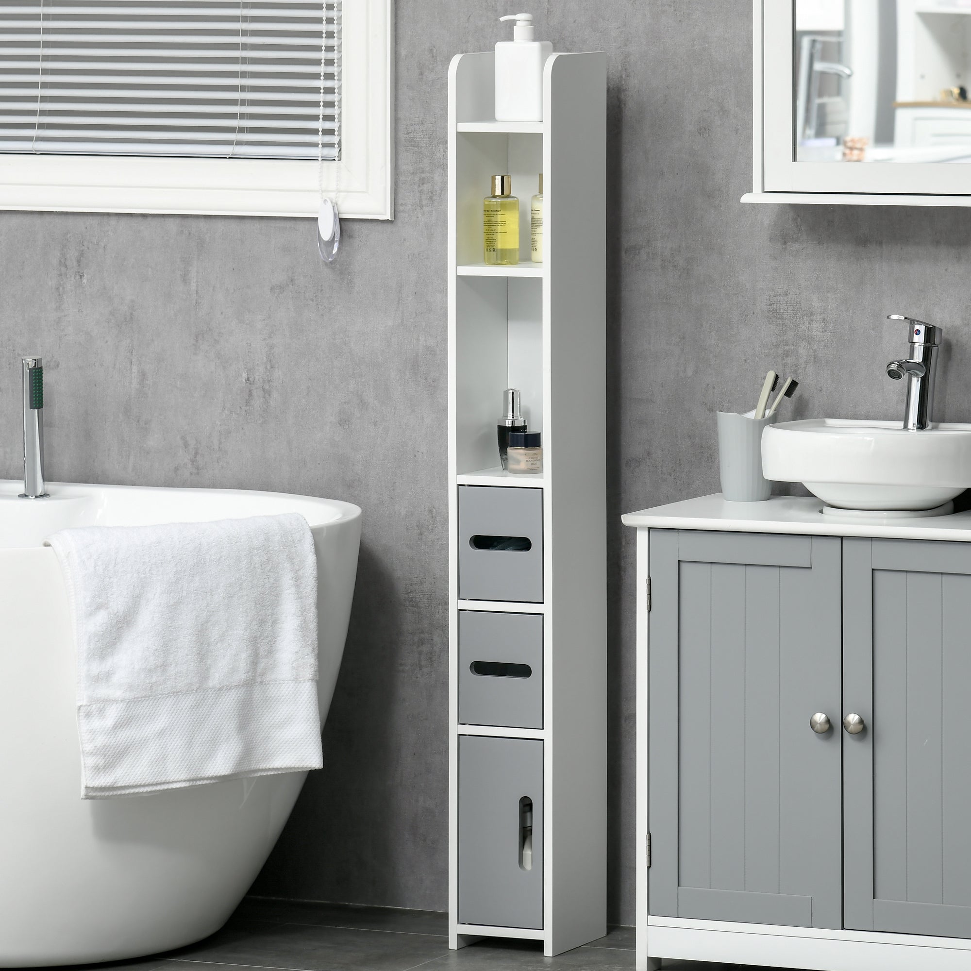 kleankin Modern Bathroom Storage Cabinet, Freestanding Tall Bathroom Cabinet with Open Shelves and 3 Cupboards with Door, for Bedroom Hallway, Grey - North Peak Garden Furniture