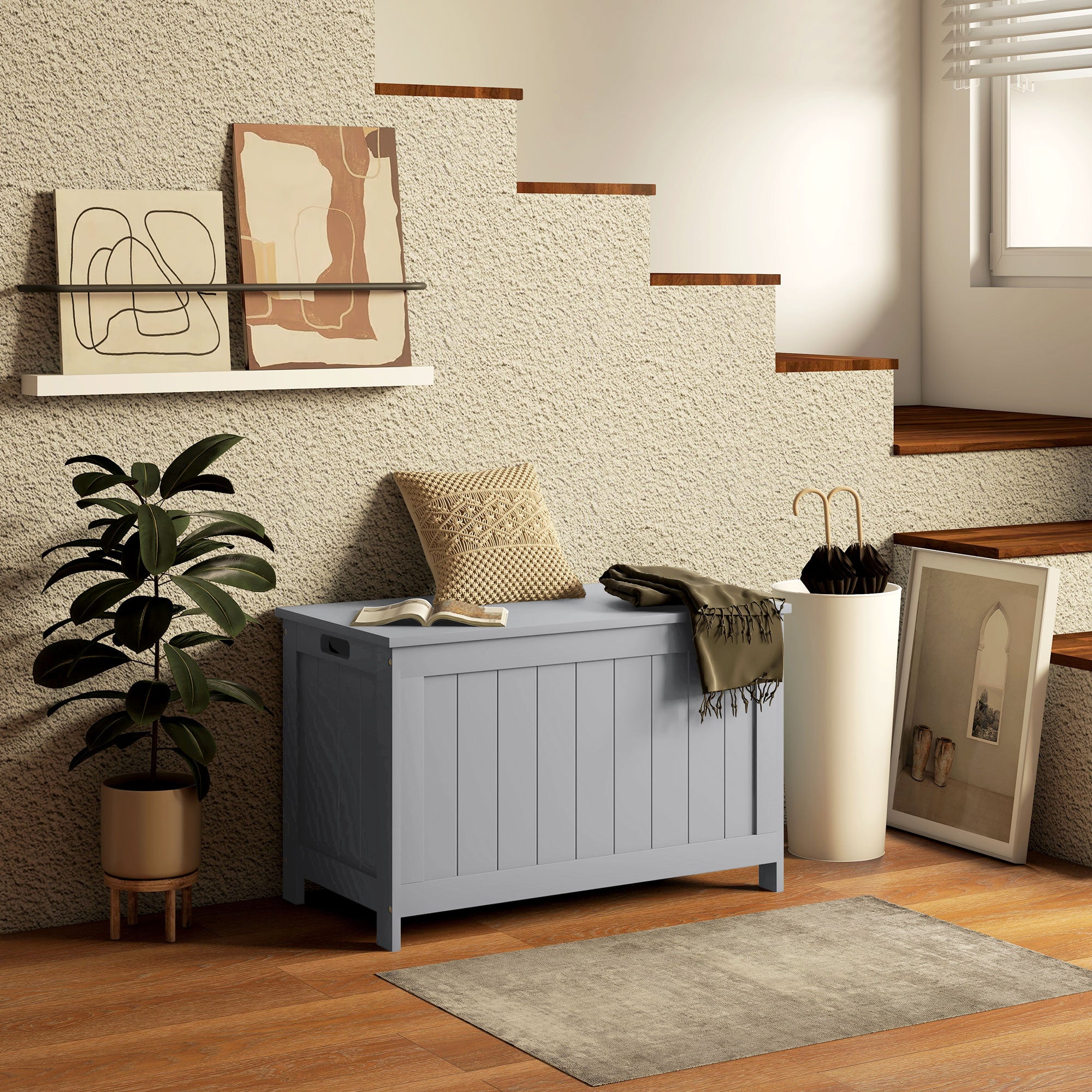 HOMCOM Storage Chest, Modern Storage Trunk with 2 Safety Hinges and Cut-out Handles, Wooden Toy Box for Living Room, Entryway, 76 x 40 x 48 cm, Grey - North Peak Garden Furniture