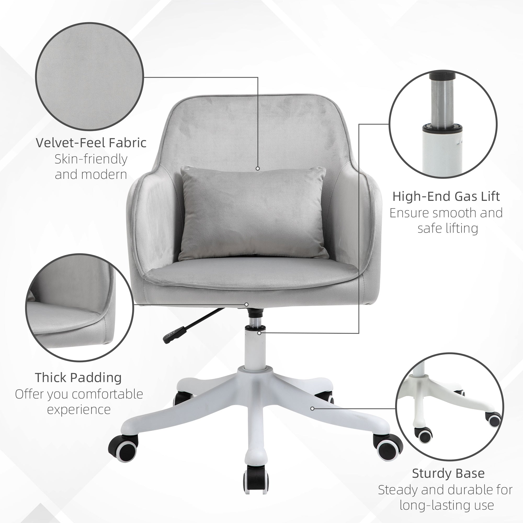Vinsetto Velvet Office Chair, Desk Chair, Makeup Vanity Chair with Massage Lumbar Pillow and Rolling Wheels for Bedroom and Home, Grey - North Peak Garden Furniture