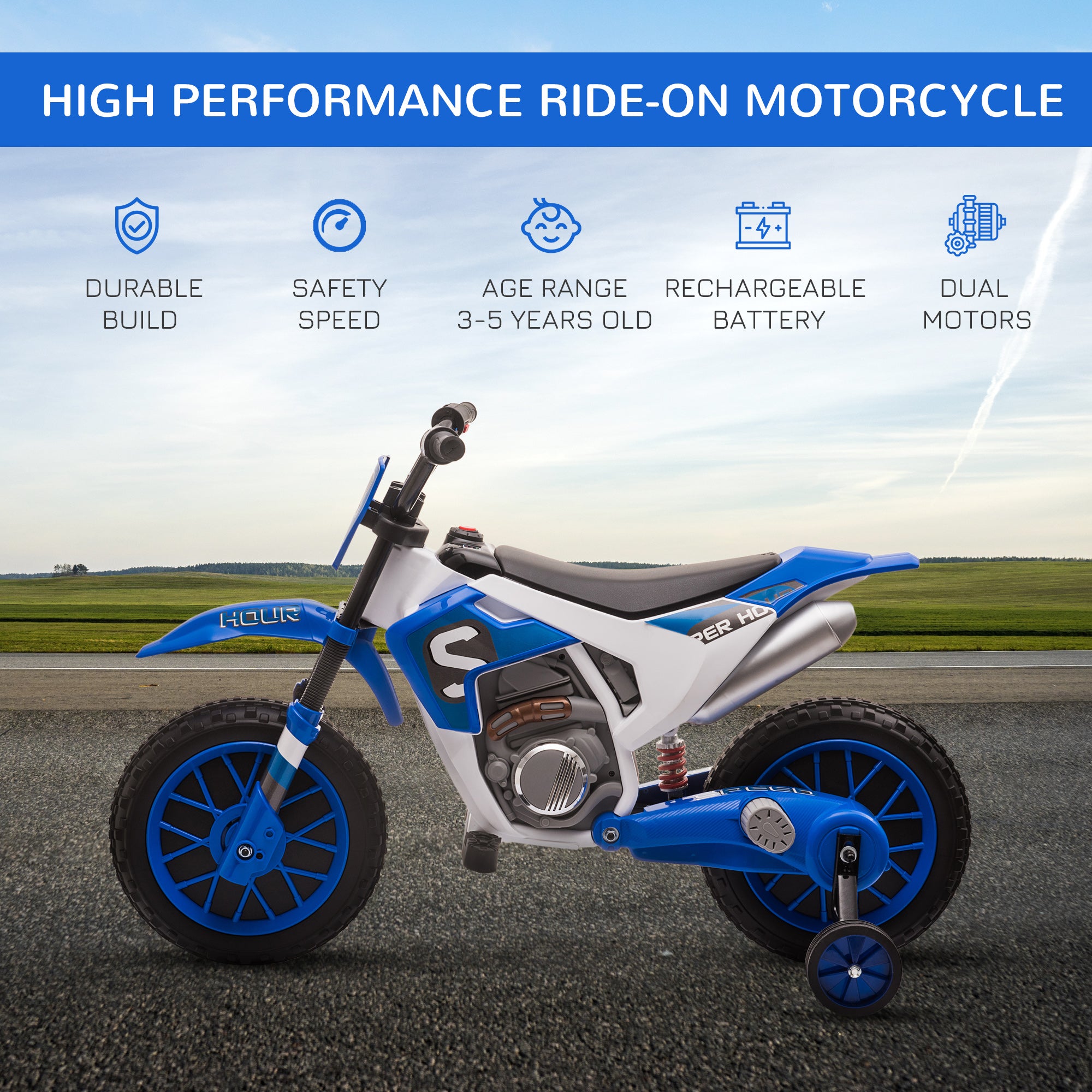 HOMCOM 12V Kids Electric Motorcycle Ride-On, with Training Wheels, for Ages 3-6 Years - Blue - North Peak Garden Furniture