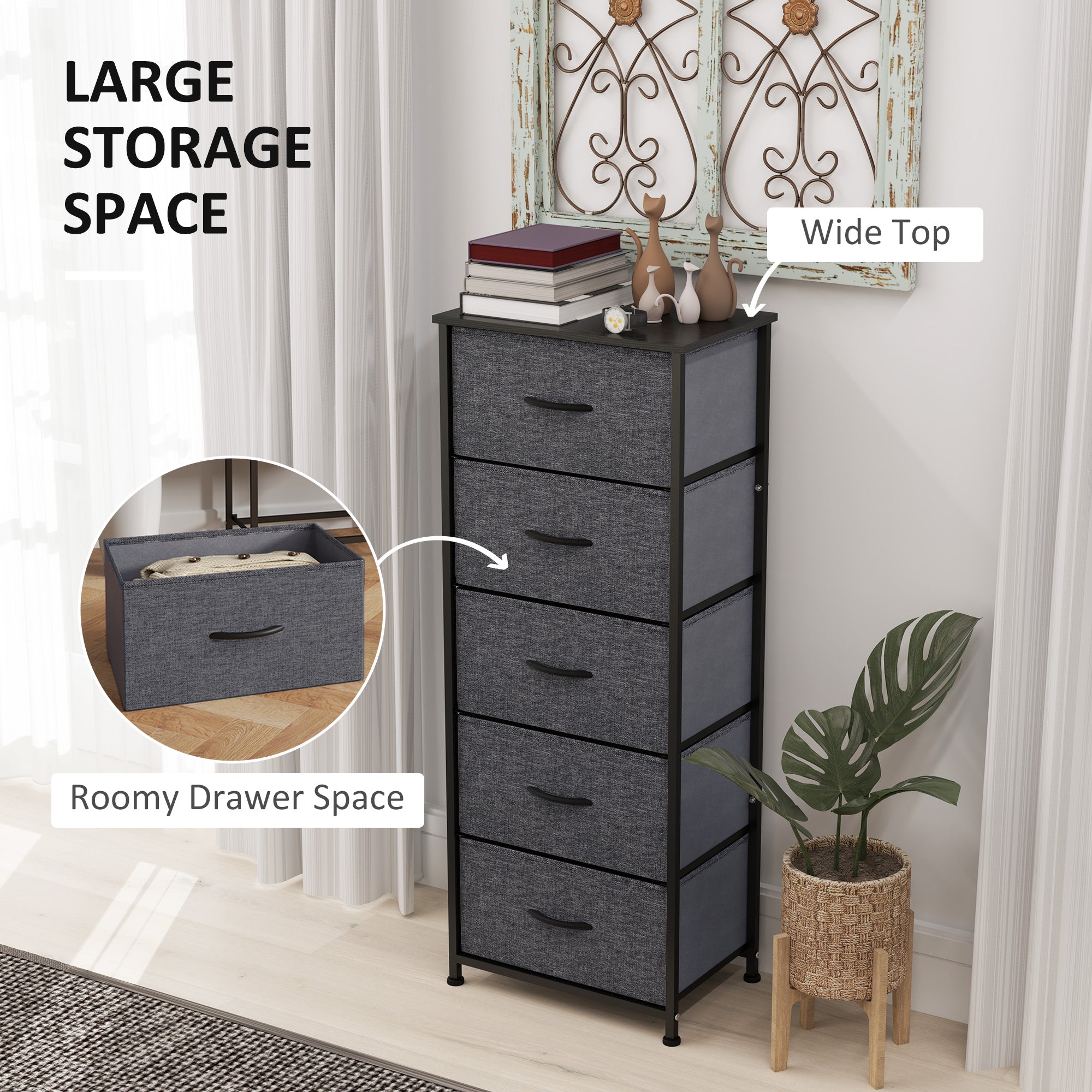 HOMCOM Fabric Chest of Drawers, Storage Drawers, Industrial Bedroom Dresser with 5 Fabric Drawers, Steel Frame and Wooden Top for Nursery, Living Room, Hallway, Dark Grey - North Peak Garden Furniture