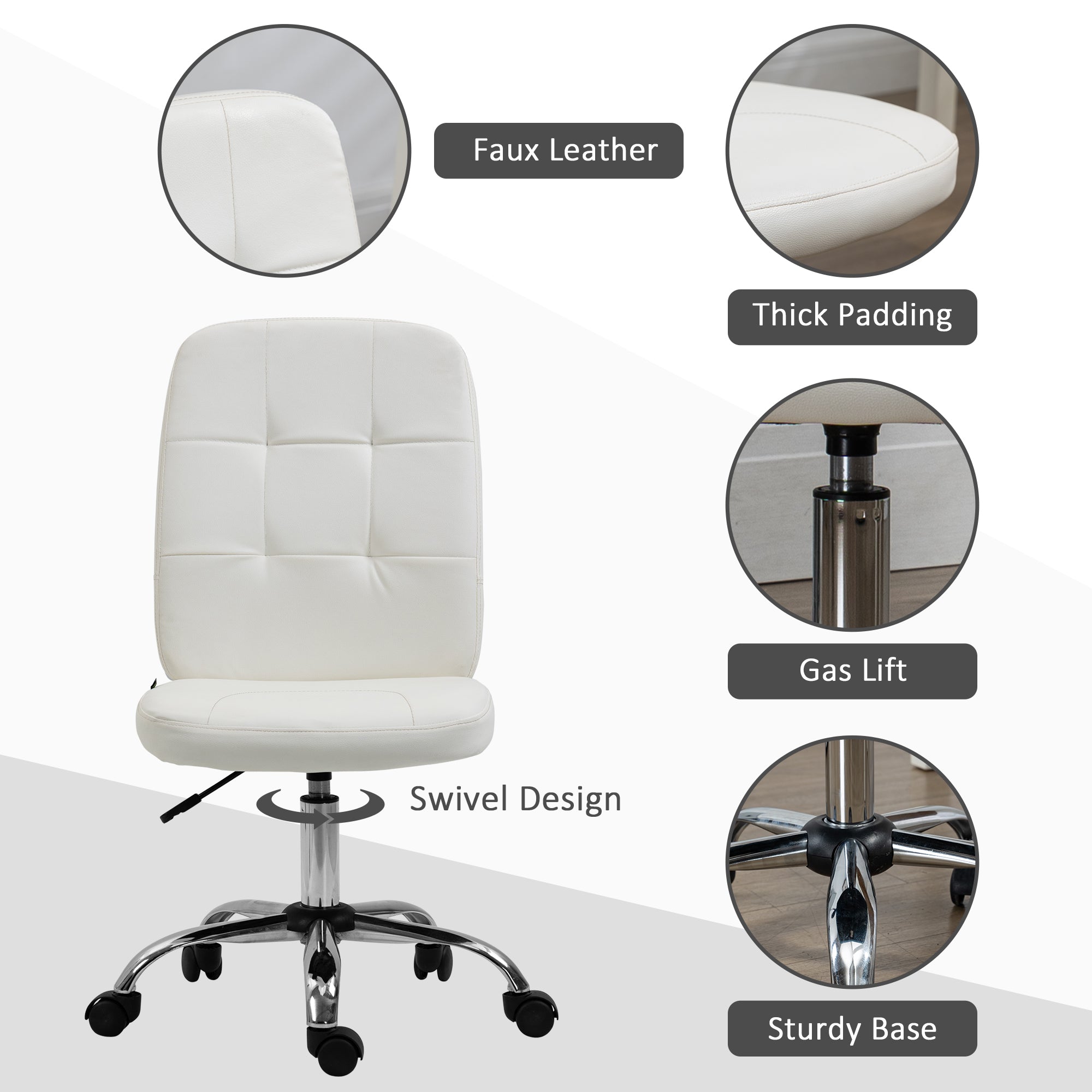 Vinsetto Armless Faux Leather Office Chair - White - North Peak Garden Furniture