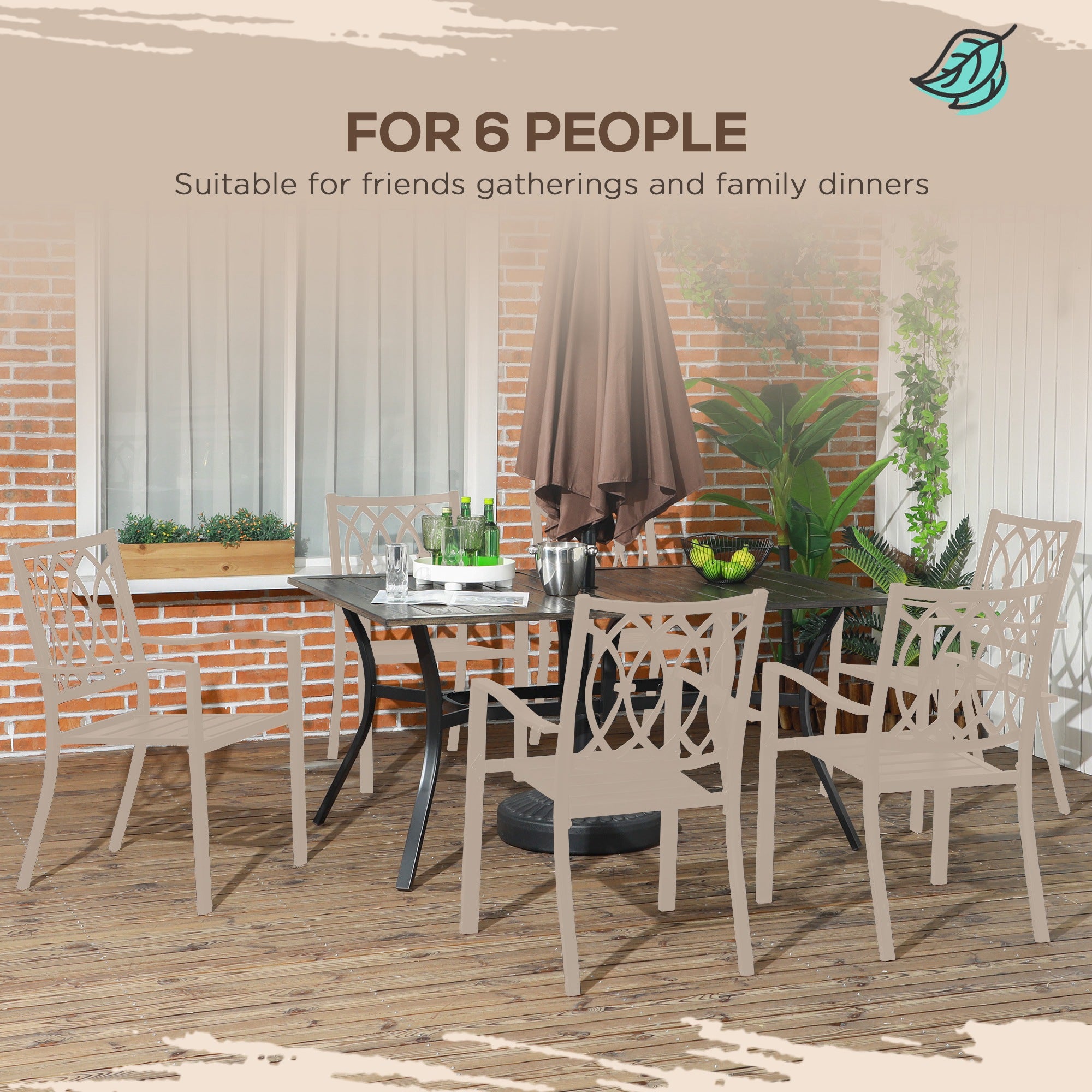 Outsunny Six-Seater Steel Garden Table, with ⌀41mm Parasol Hole - Wood-Effect - North Peak Garden Furniture