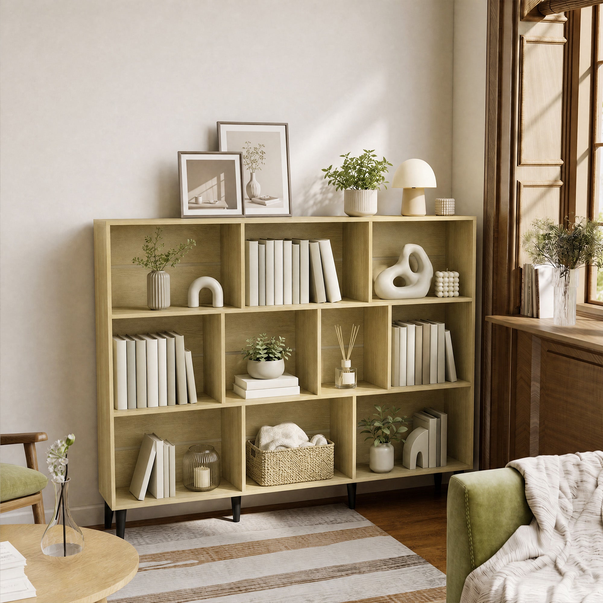 HOMCOM 10-Cube Bookcase, 3-Tier Book Shelf with Solid Wood Legs, 140 cm Modern Bookshelf with Anti-Tip Kit, Oak