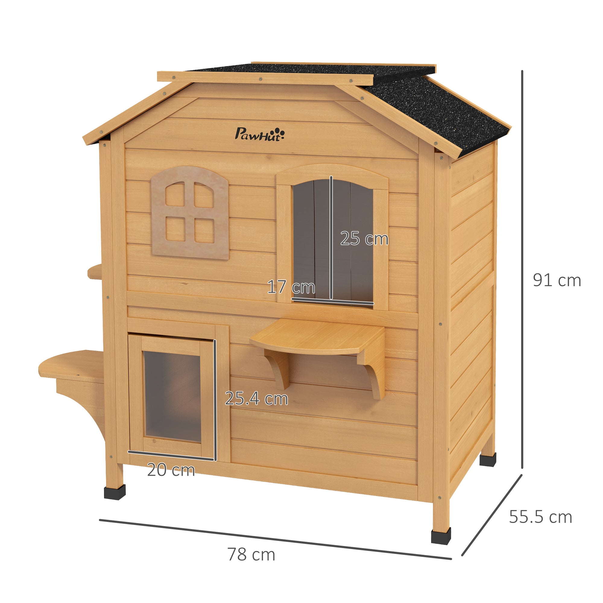 PawHut 2-story Cat House Outdoor, Weatherproof Wooden Cat Enclosure for Feral Cats with Escape Door, Openable Roof, Jumping Platforms, Natural Wood Finish