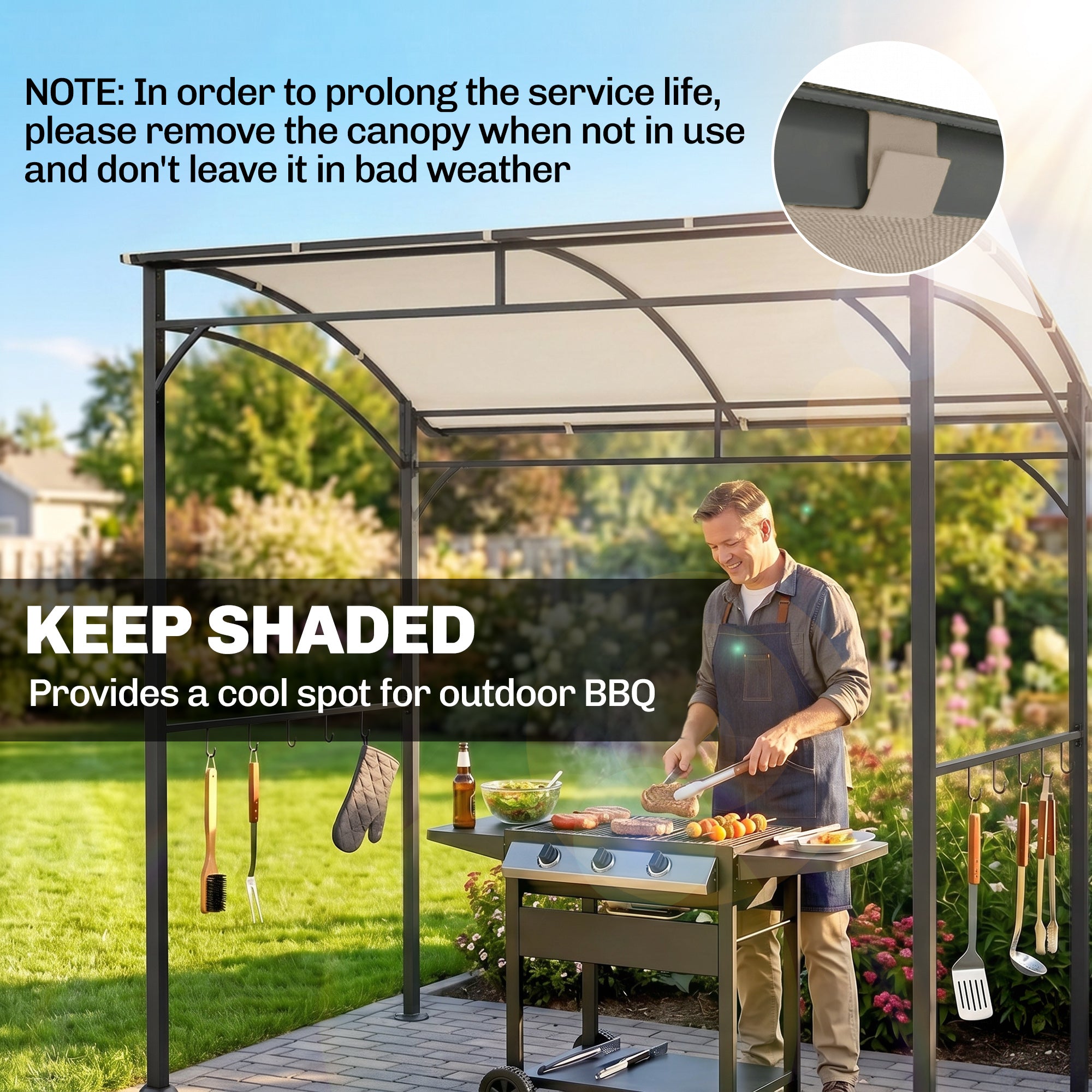 Outsunny 2.2 x 1.5 m BBQ Grill Gazebo Tent, Garden Grill with Metal Frame, Curved Canopy and 10 Hooks, Outdoor Sun Shade, Beige