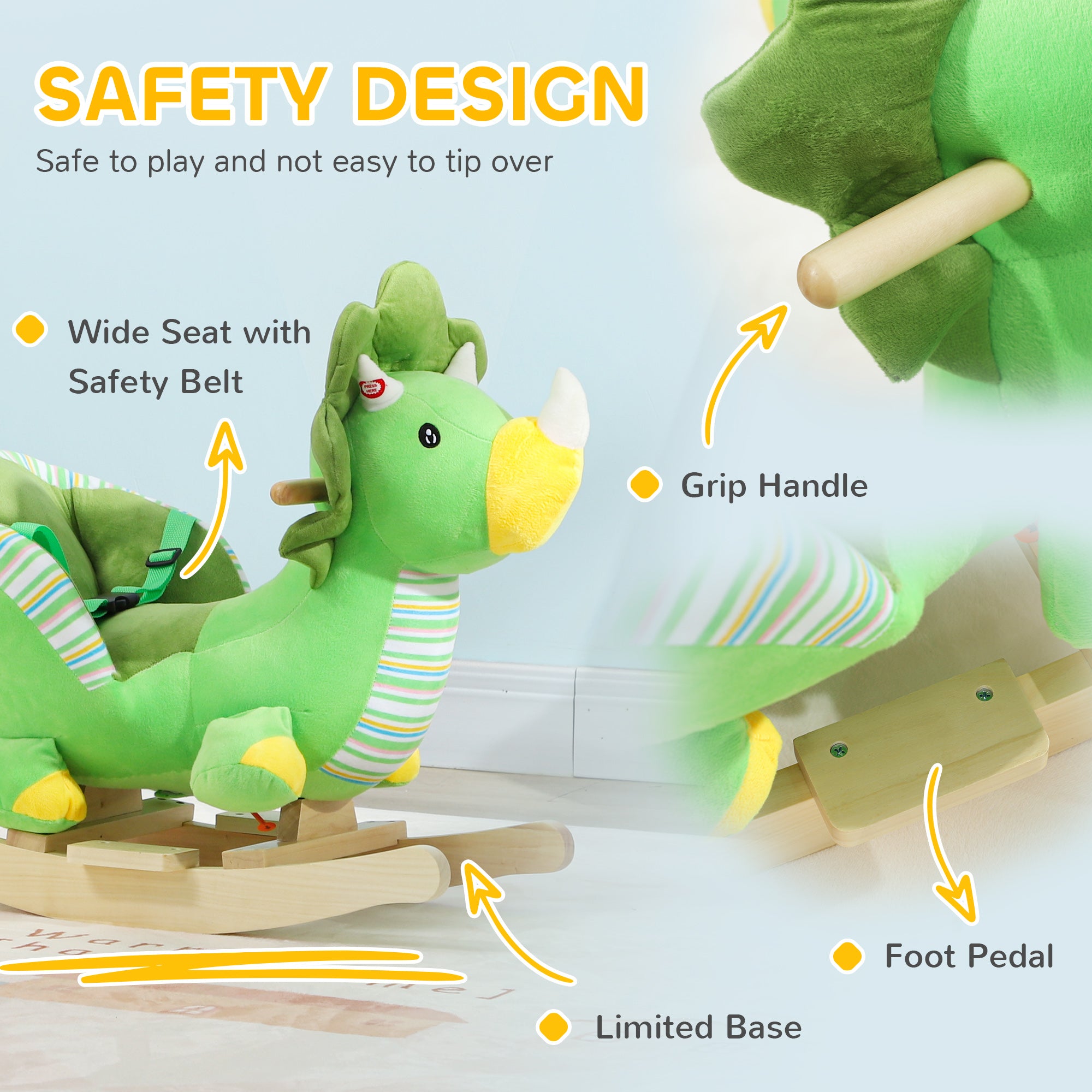 AIYAPLAY Baby Rocking Dinosaur with Animal Sounds, Safety Belt, Wooden Base, for Toddlers 18-36 Months, Green - North Peak Garden Furniture