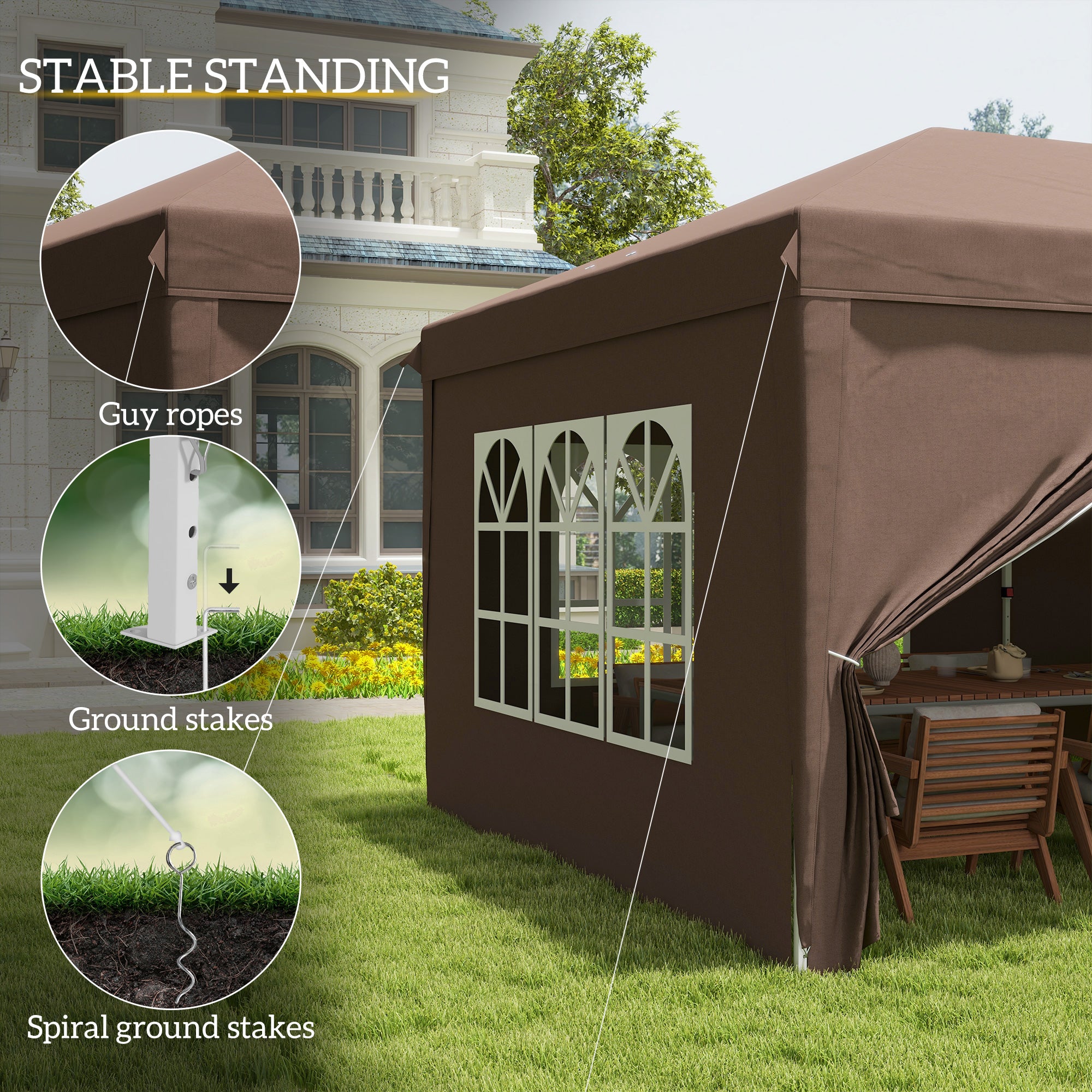 Outsunny 3 x 6 m Pop Up Gazebo with Sides and Windows, Height Adjustable Party Tent with Storage Bag for Garden, Camping, Event, Brown - North Peak Garden Furniture
