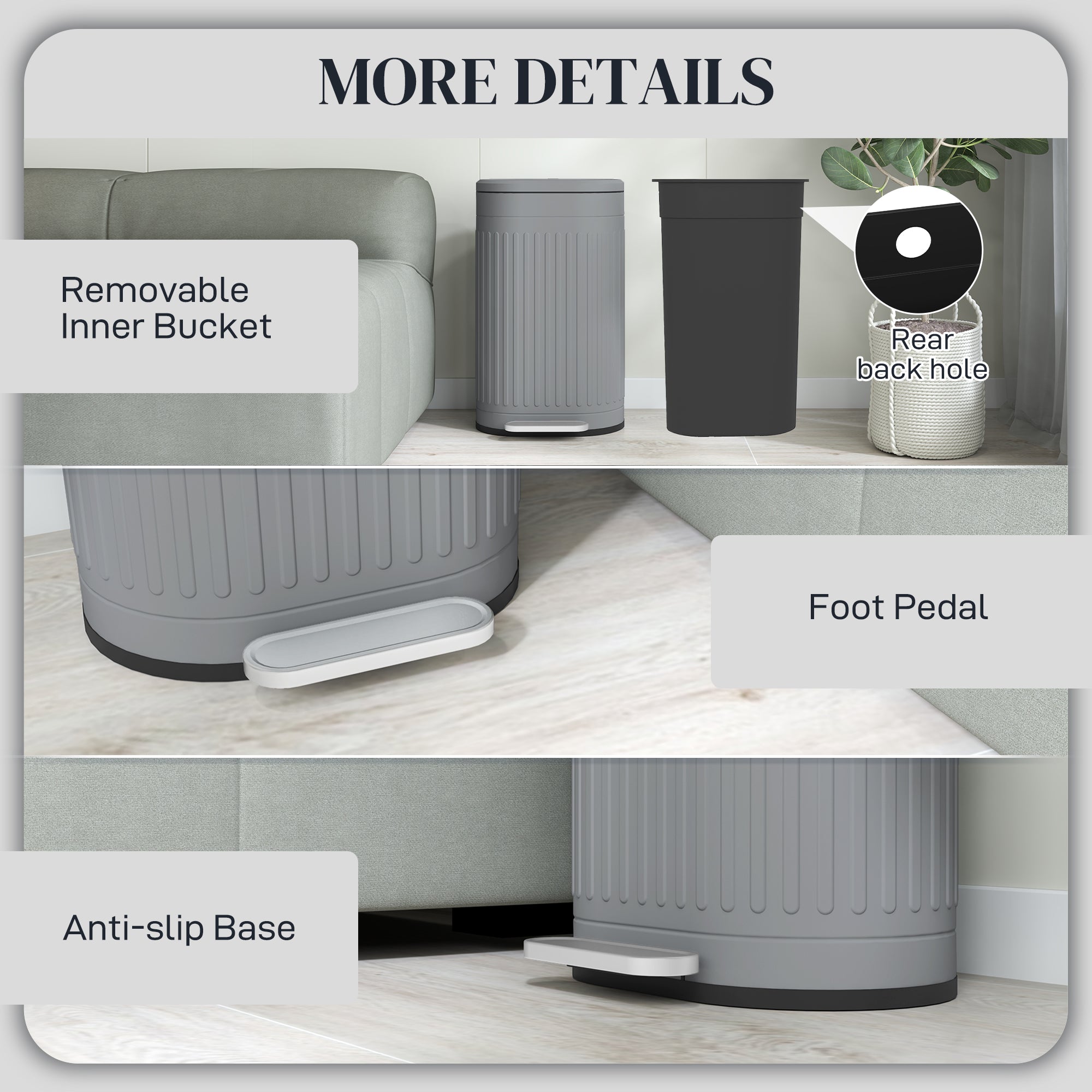 HOMCOM 30 Litre Pedal Bin, Fingerprint Proof Kitchen Bin with Soft-close Lid, Metal Rubbish Bin with Foot Pedal and Removable Inner Bucket, Grey - North Peak Garden Furniture