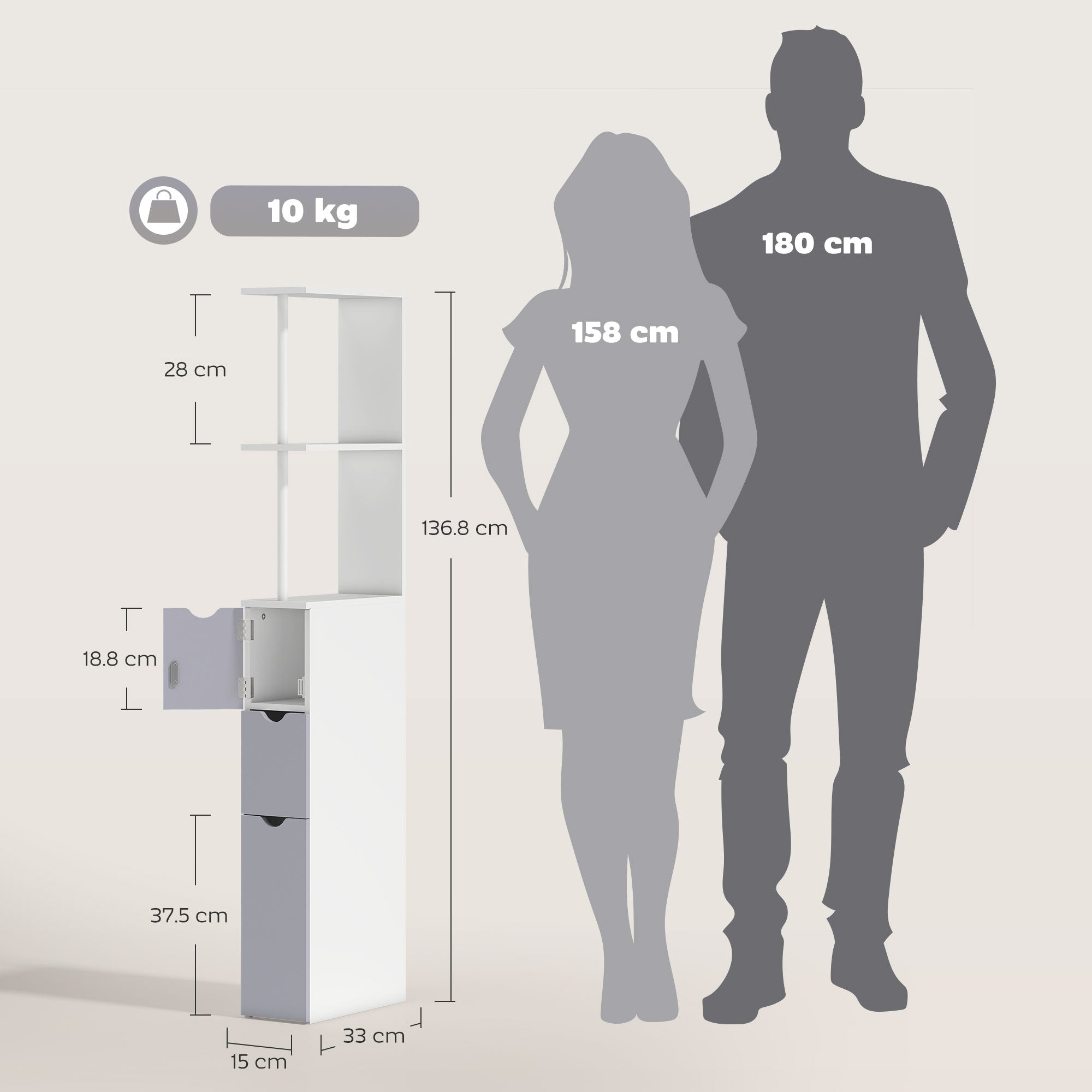 HOMCOM Tall Bathroom Cabinet, Freestanding Bathroom Storage Cabinet with 2-Tier Shelf and Drawers, Narrow Cupboard Storage Unit, White, Grey