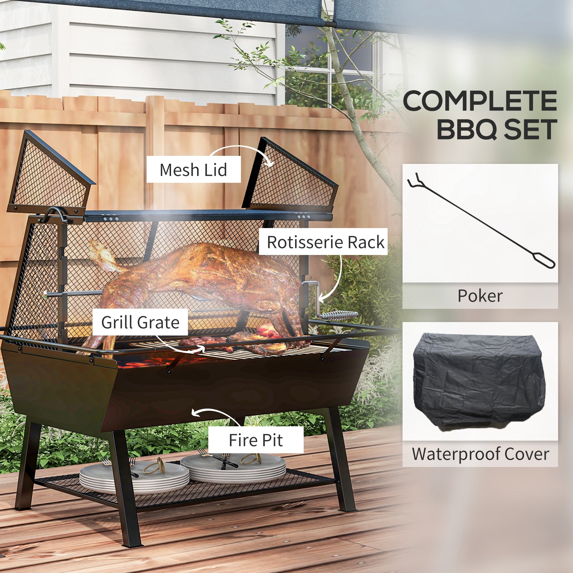 Outsunny 3-in-1 Barbecue Grill, Rotisserie Roaster and Fire Pit, with Cover - North Peak Garden Furniture