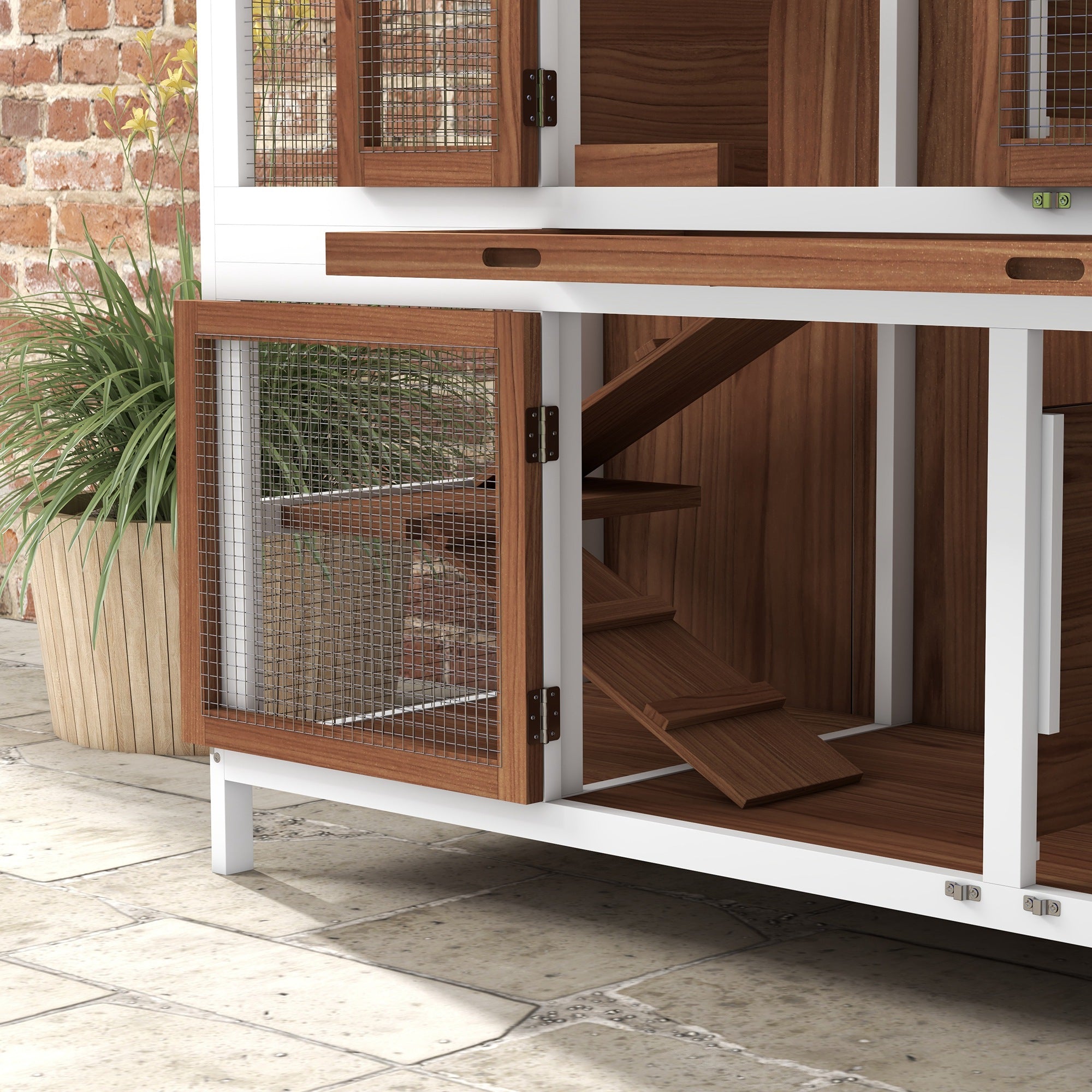 PawHut Two-Tier Wooden Pet Hutch with Openable Roof, Slide-Out Tray | Aosom UK