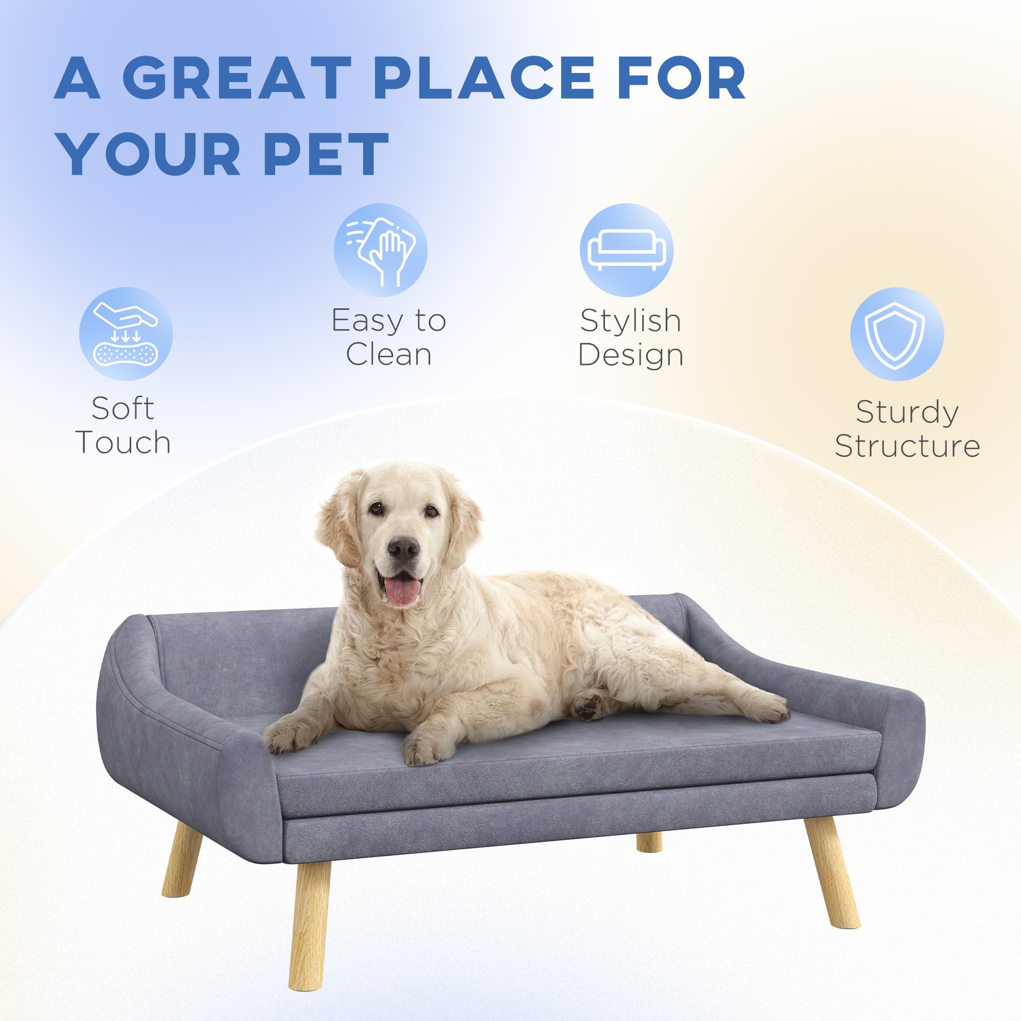 PawHut Dog Couch with Soft Cushion, Pet Sofa Bed with Wooden Frame, Removable Cover, for Medium and Large Dogs, Grey - North Peak Garden Furniture