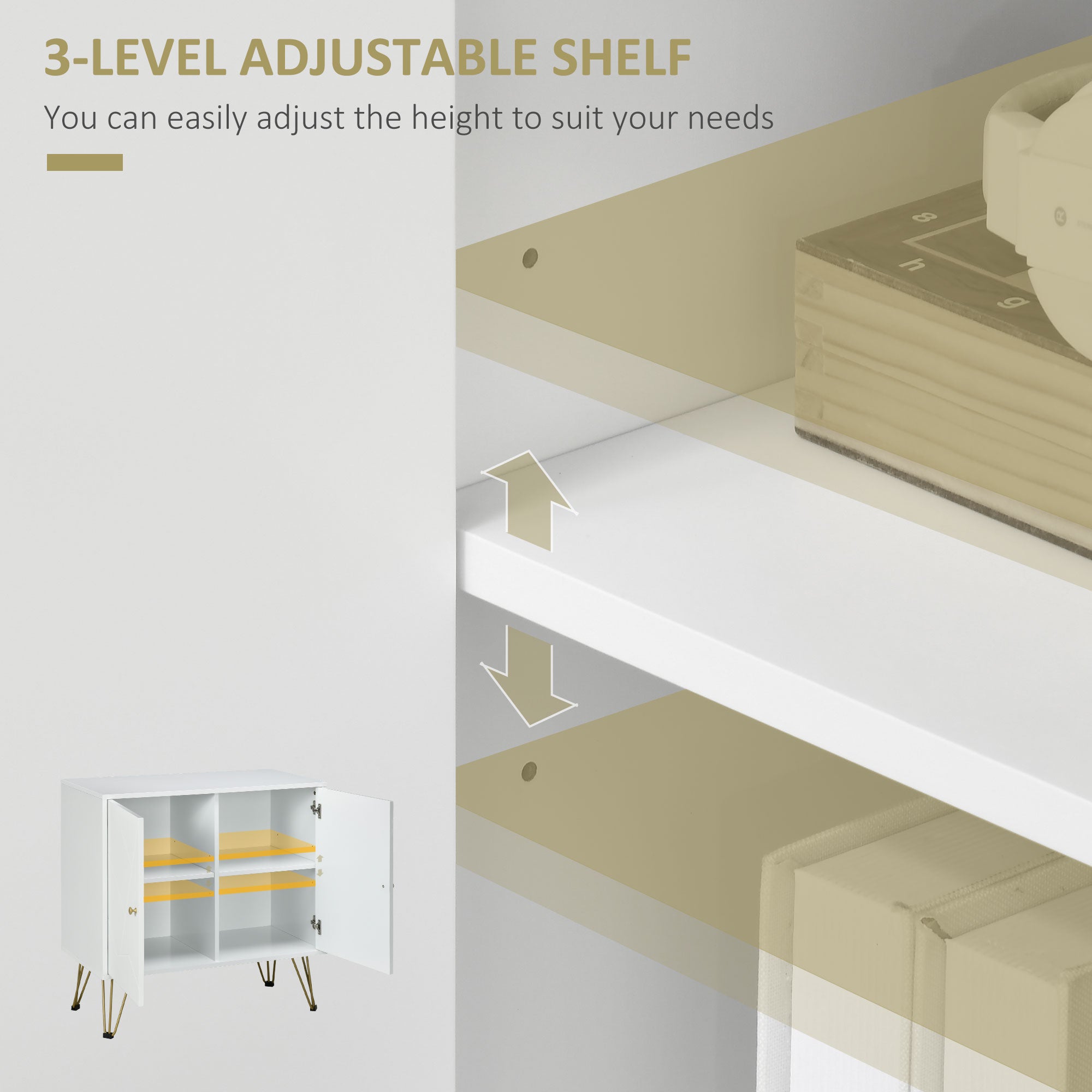 HOMCOM Storage Cabinet Slim Sideboard with Golden Hairpin Legs Adjustable Shelves for Living Room Dining Room Hallway White - North Peak Garden Furniture