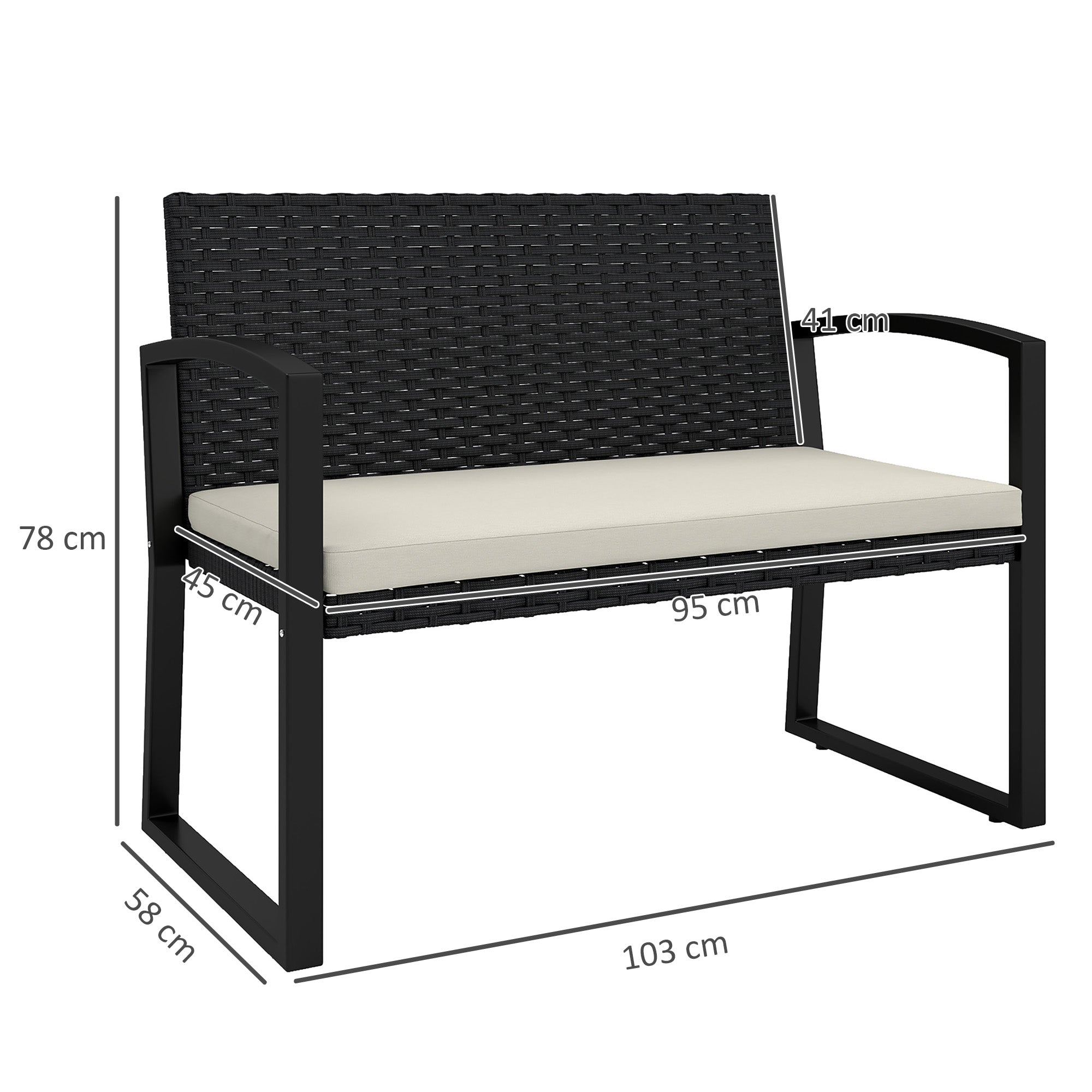 Outsunny Two-Seater Rattan Garden Bench - Beige/Black - North Peak Garden Furniture