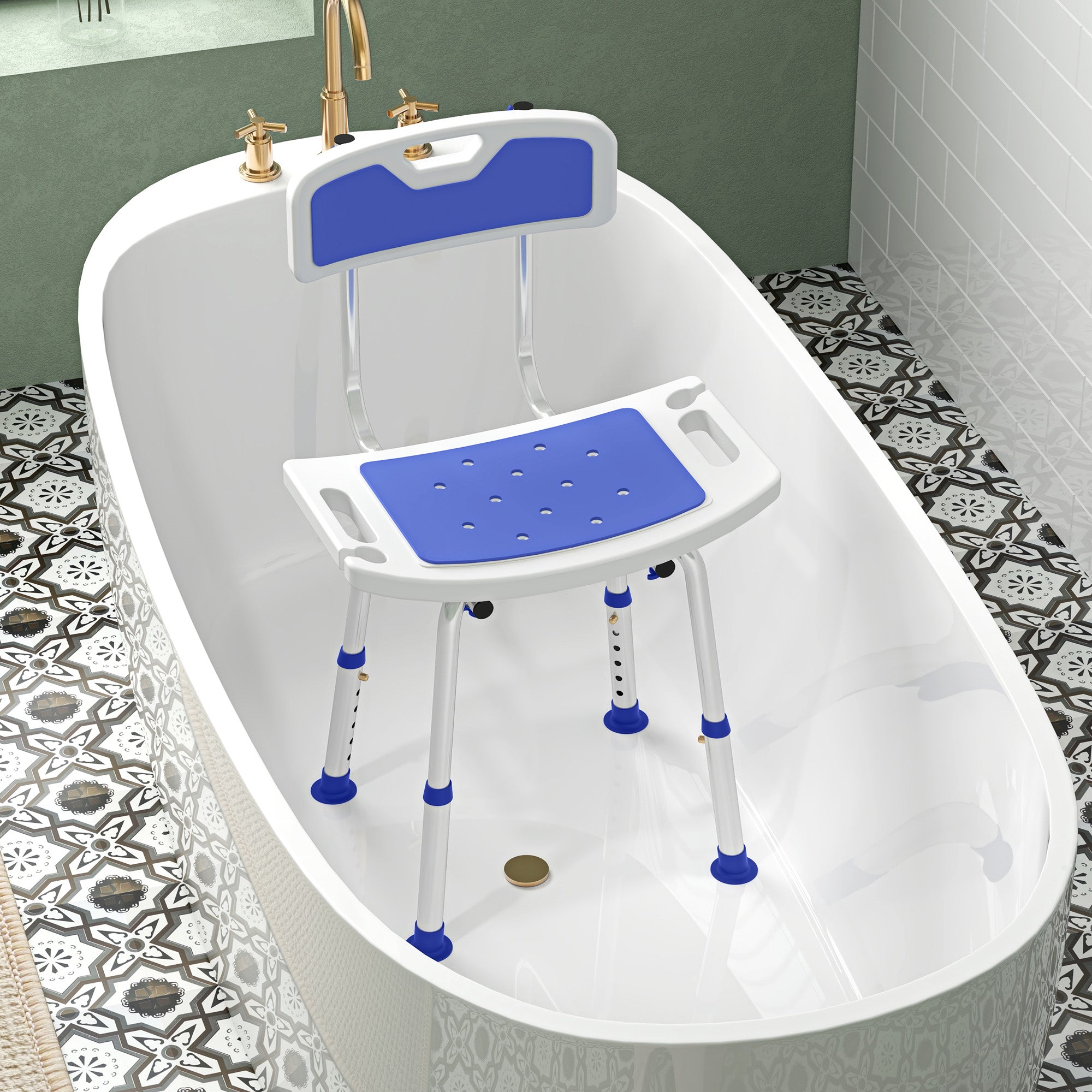 HOMCOM Shower Stool with Backrest, Height Adjustable Shower Chair with Anti-slip Foot Pads, Shower Head Holder, Blue - North Peak Garden Furniture