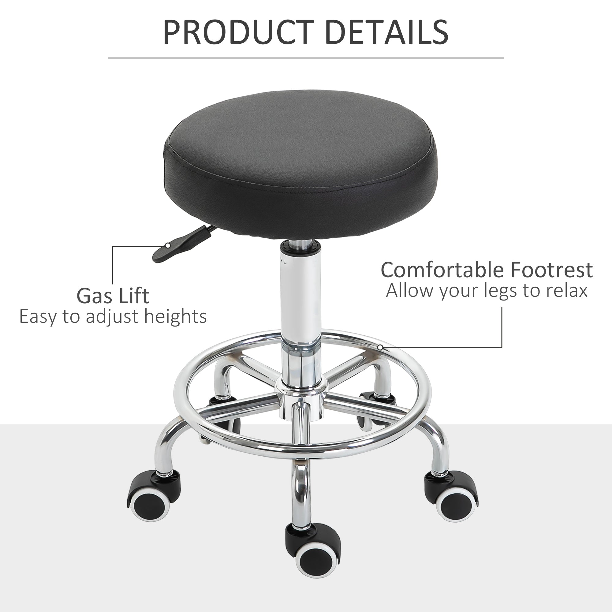 Vinsetto Round Rolling Stool, PU Leather Height Adjustable Stool Chair with Wheels and Swivel Seat for Salon, Massage, Spa, Home Kitchen, Black - North Peak Garden Furniture