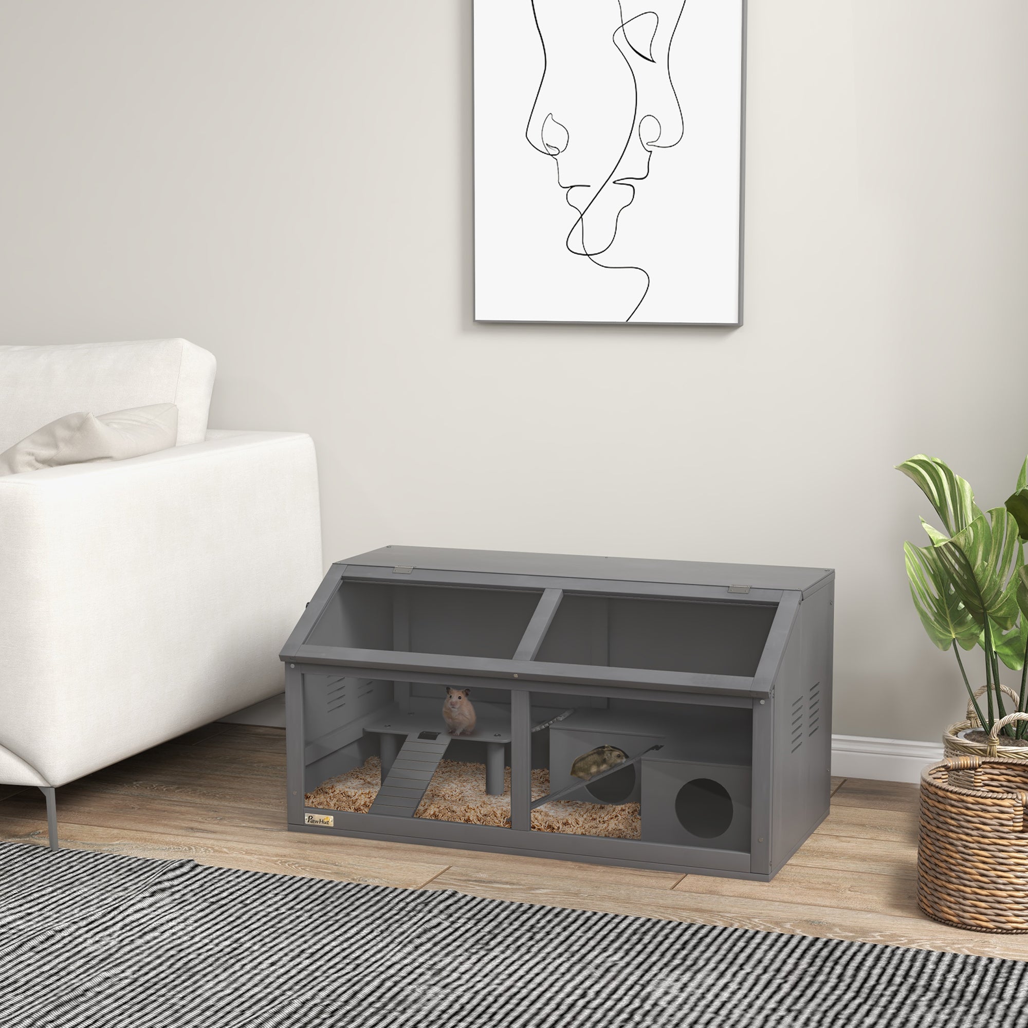 PawHut Hamster Cage, Wooden Small Animal Cage for Gerbils, Mice w/ Suspension Bridge, Openable Top, Hut, 85 x 45 x 44cm - Grey - North Peak Garden Furniture