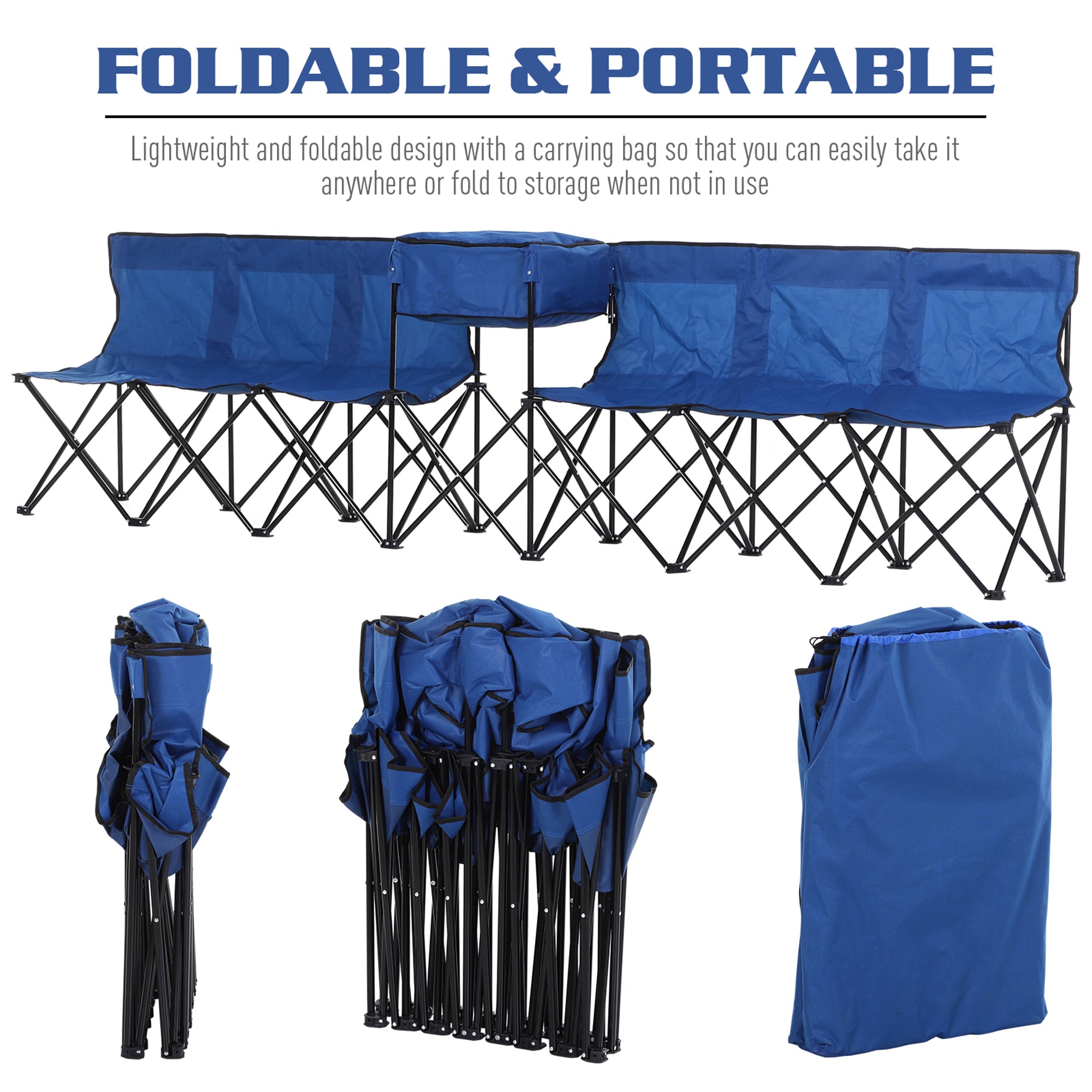 Outsunny 6 Seat Folding Sports Bench Portable Sports Team Bench Spectator Chair with Cooler Bag and Carrying Bag for Outdoor Picnic Camping - Blue - North Peak Garden Furniture
